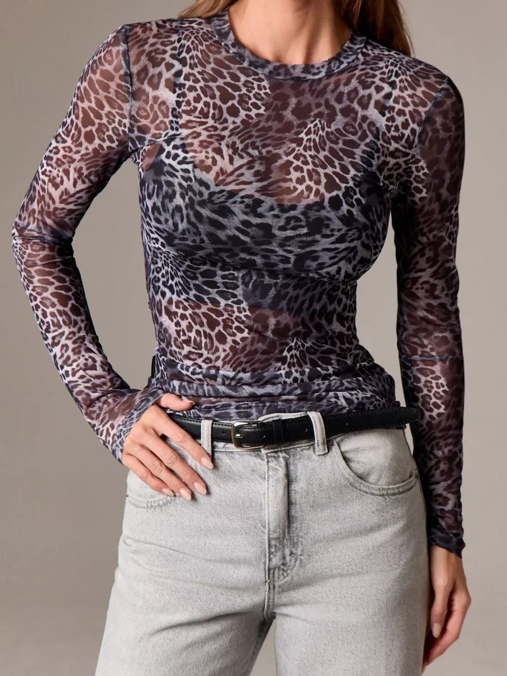 Sheer Leopard Print Long Sleeve Top, image 3
