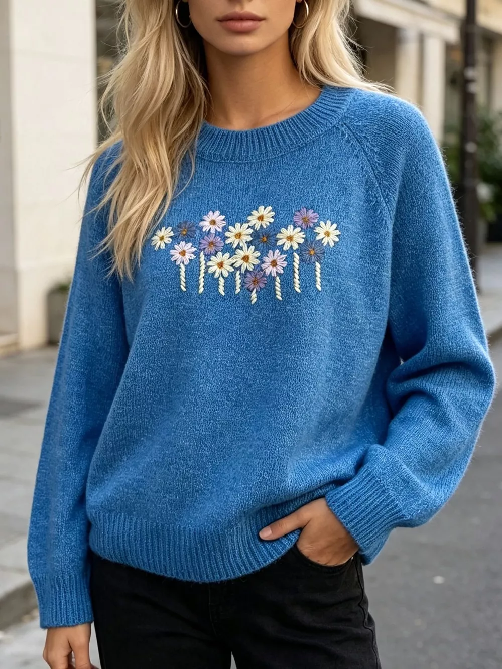 Floral Embroidered Round Neck Sweater, image 9