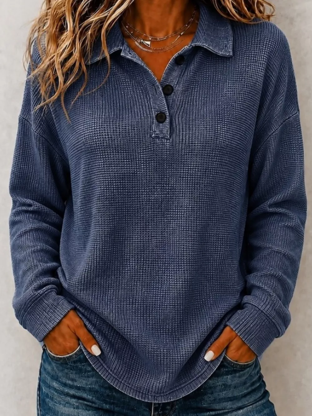 Full Size Waffle Knit Dropped Shoulder Polo Top Plus Size, image 3