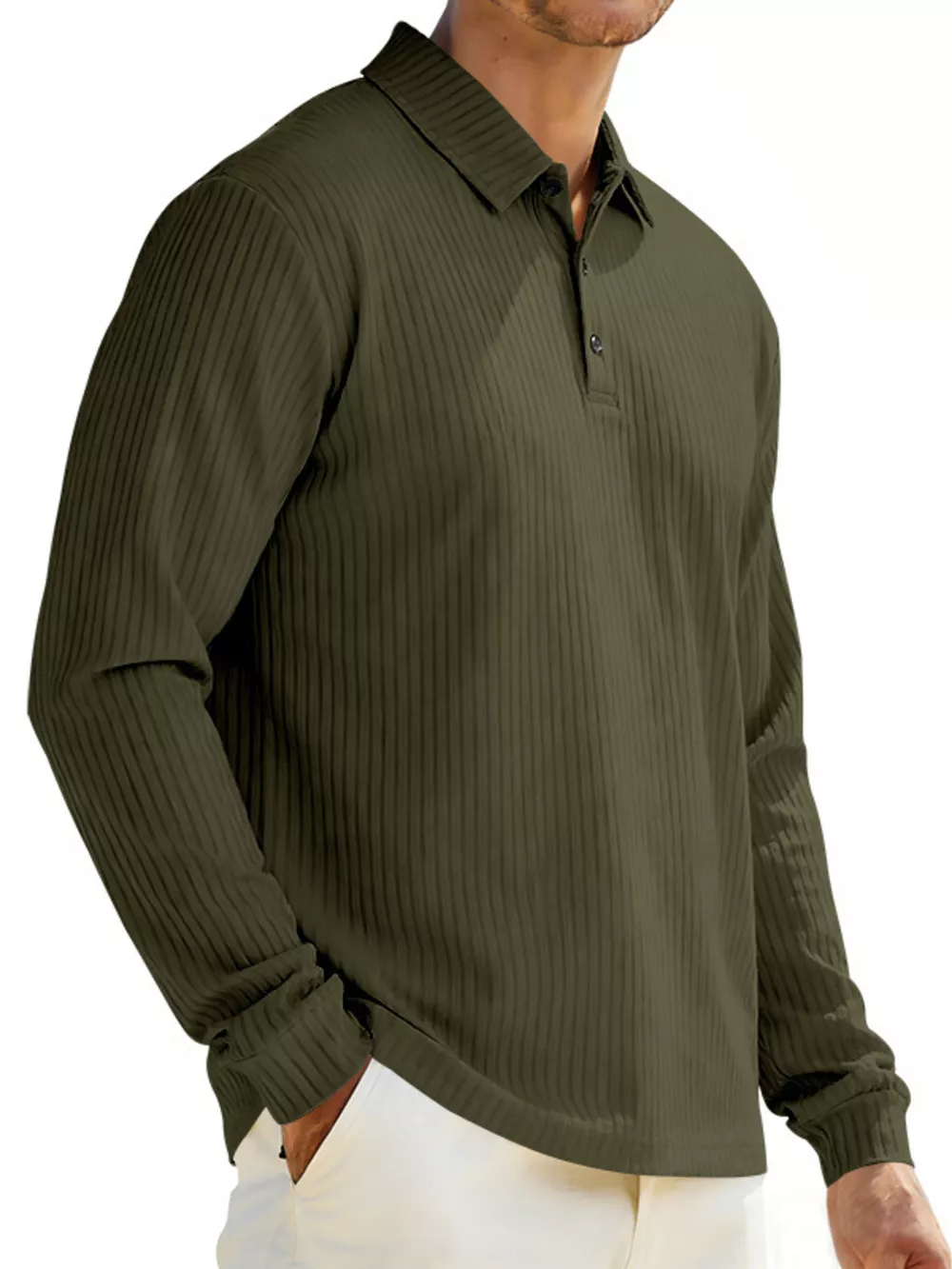 Men's Full Size Ribbed Long Sleeve Polo with Button Detail Plus Size, image 4