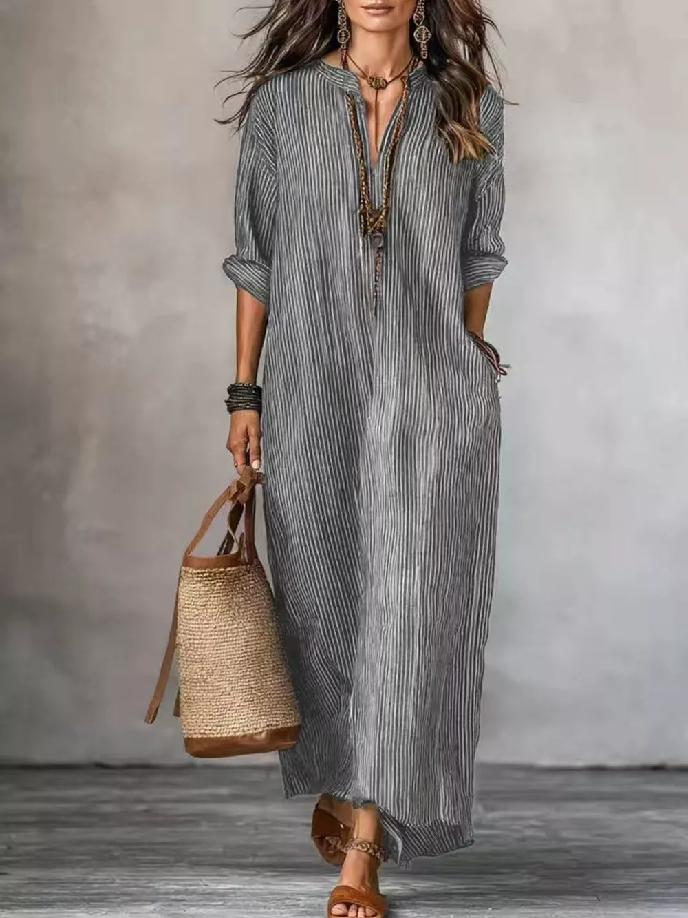 Full Size Striped Notched Maxi Dress with Pockets Plus Size, image 7