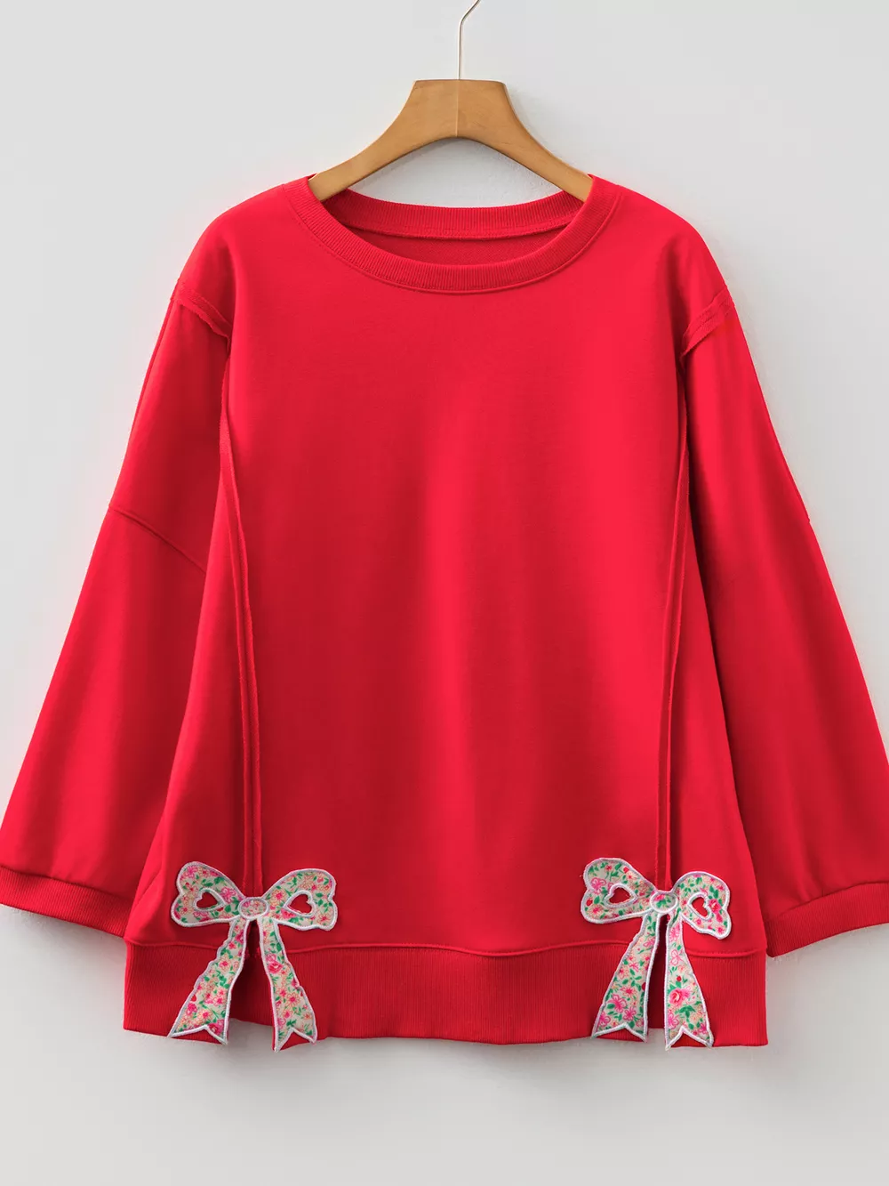 Floral Bow Patched Exposed Seam Patchwork Slit Baggy Sweatshirt, image 8