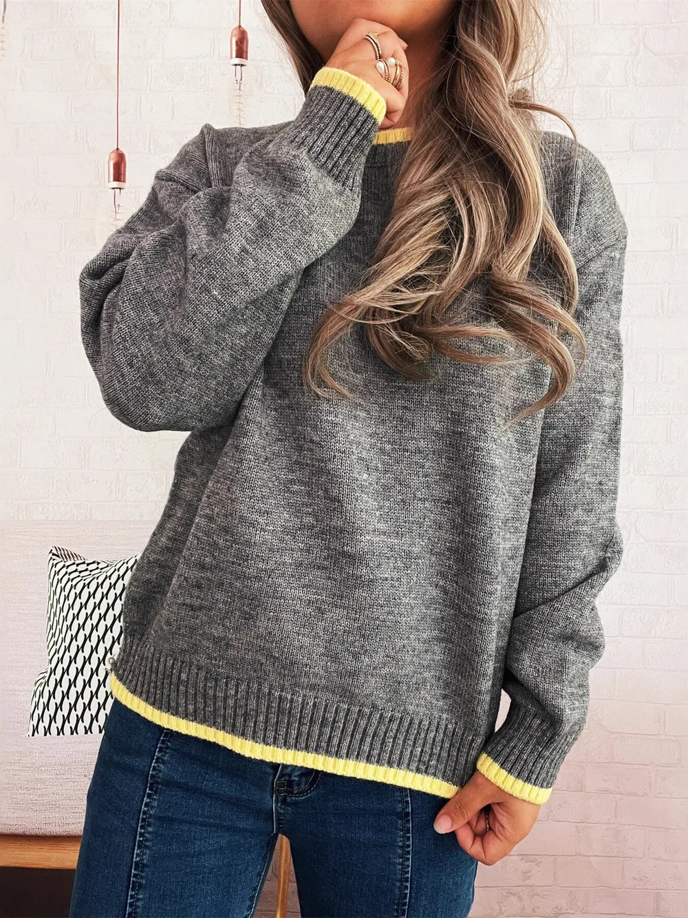 Ribbed Contrast Trim Long Sleeve Sweater, image 9