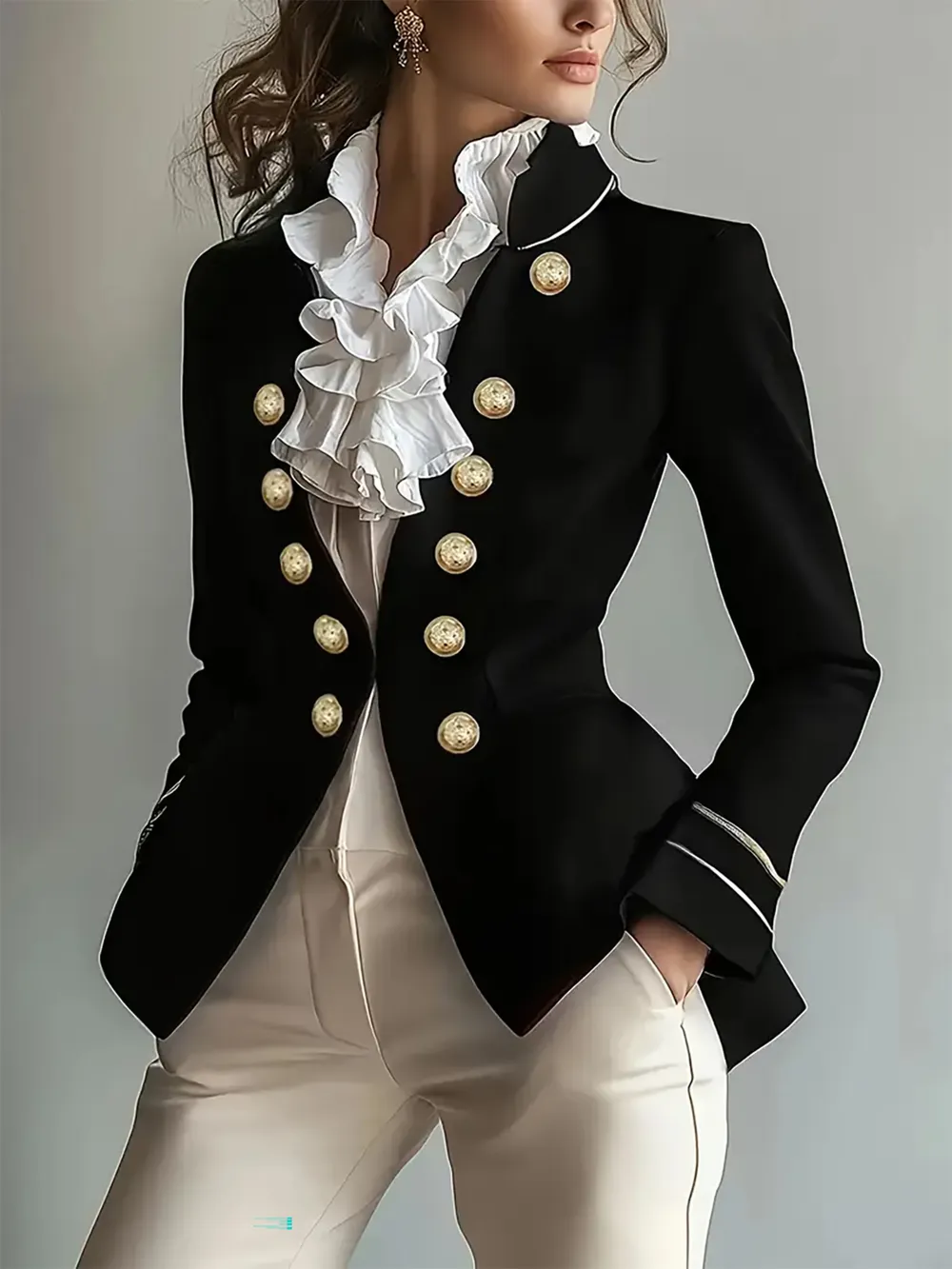 Decorative Button Hight-Low Blazer with Cuff Trim