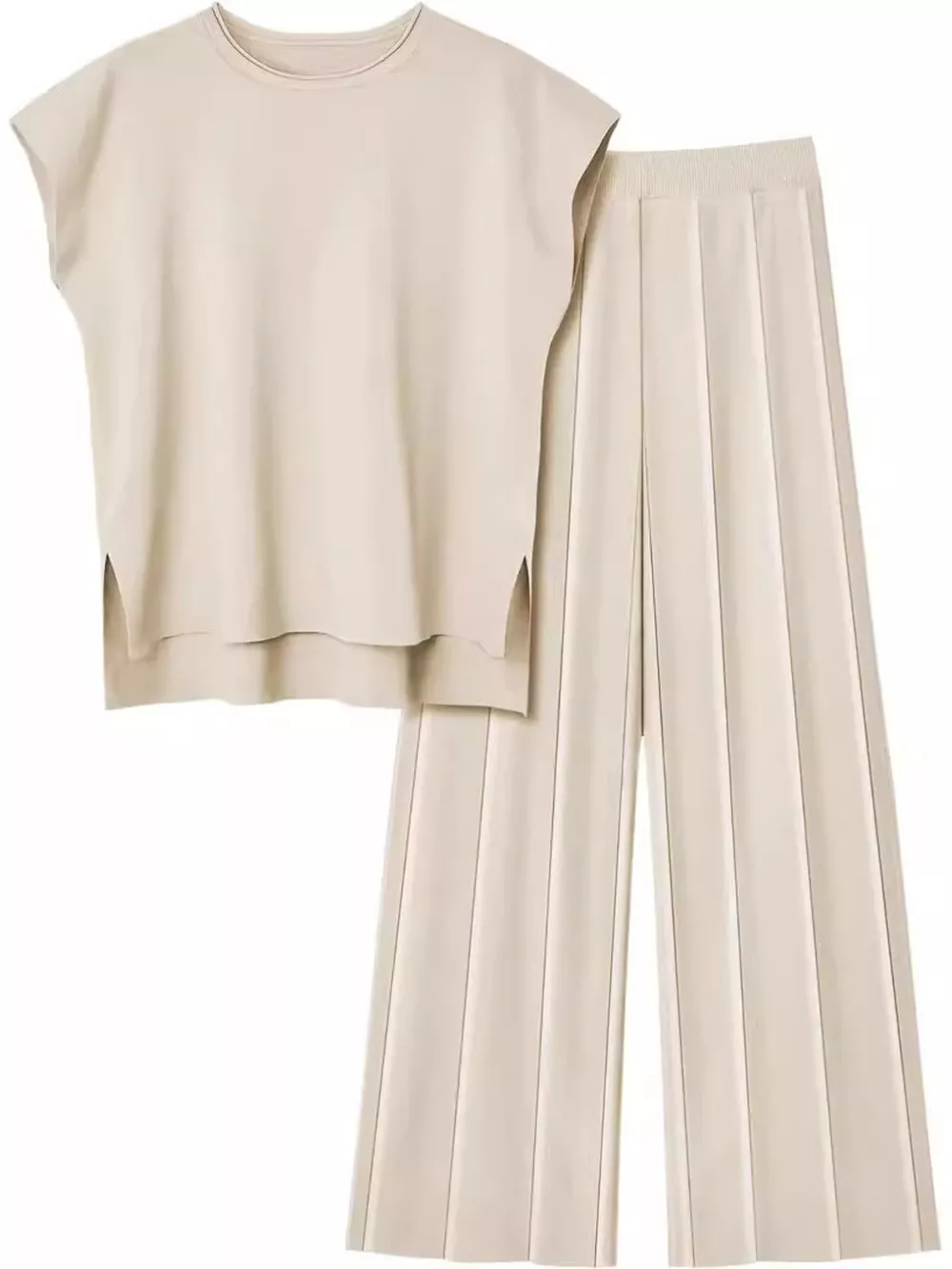 Casual Solid Color Cap Sleeve Top and Pants Knit Set, image 4