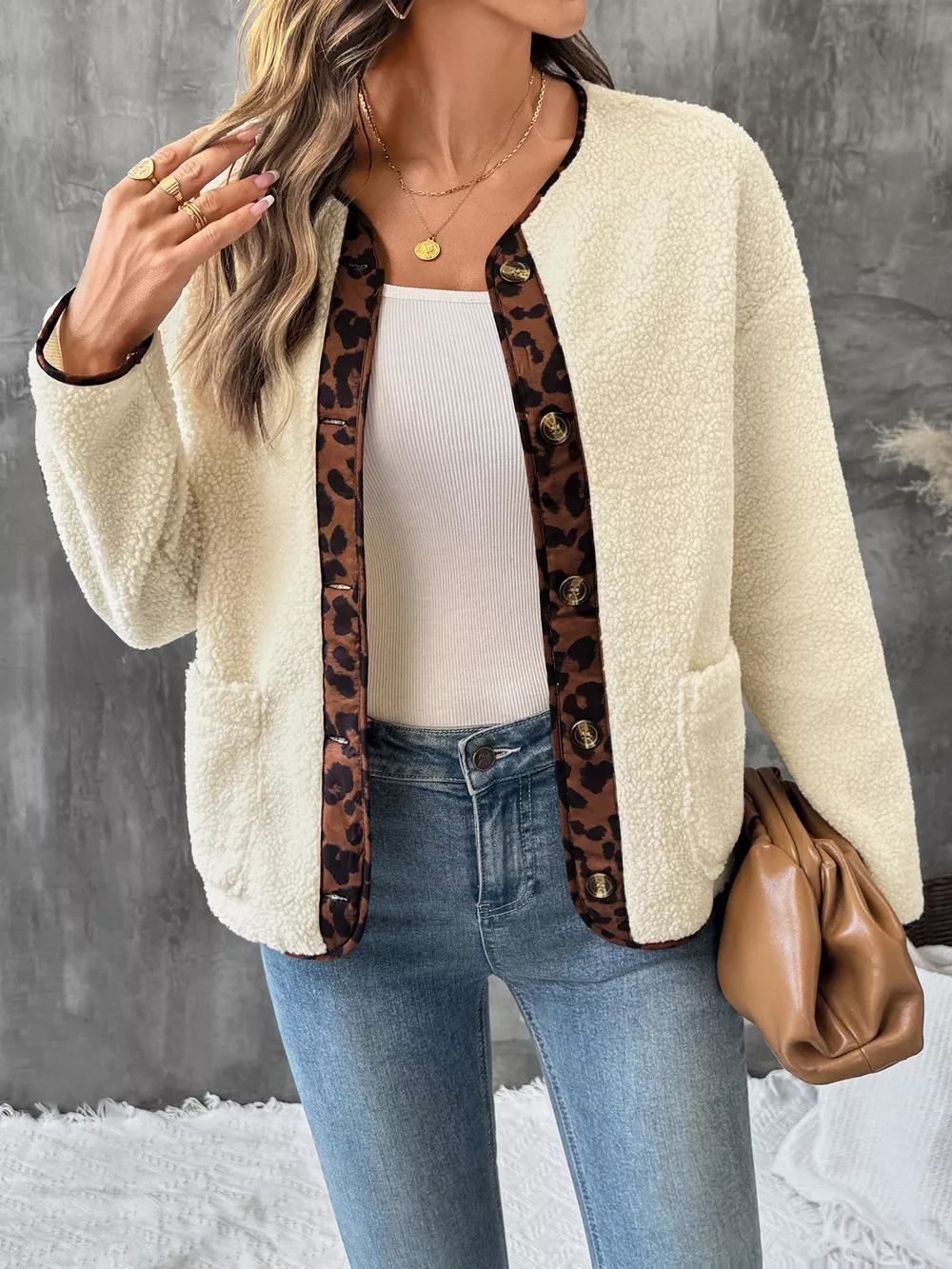 Leopard Trim Button Up Jacket, image 4