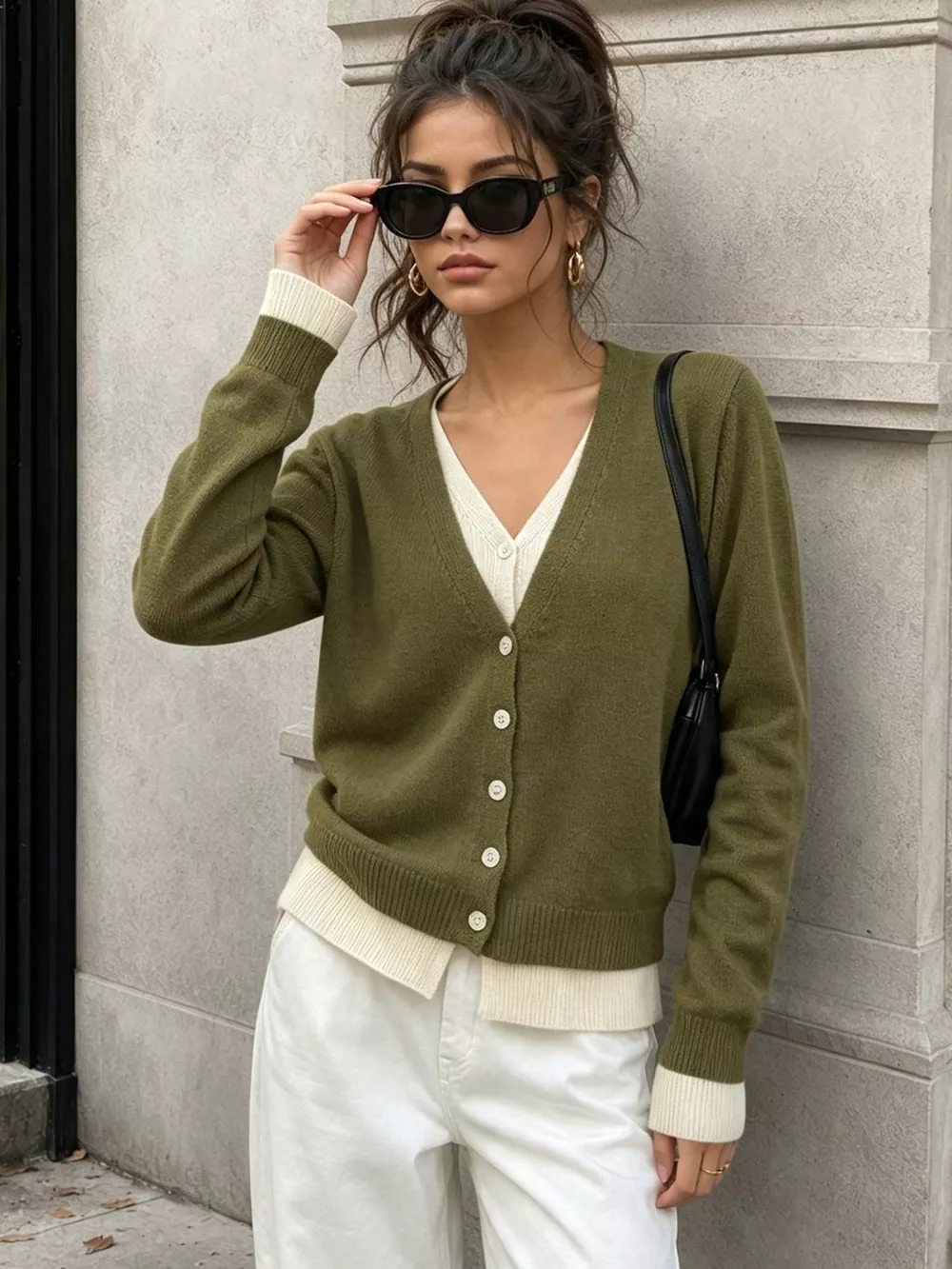 V-Neck Button-Down Contrast Layered Cardigan, image 9