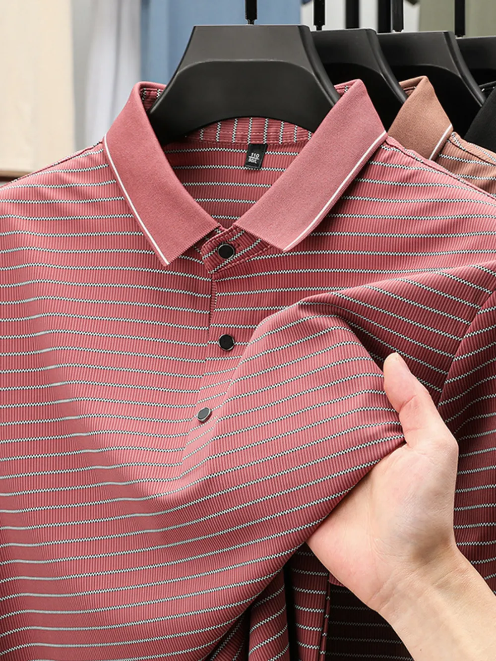 Men's Full Size Striped Button Detail Short Sleeve Polo Plus Size, image 6