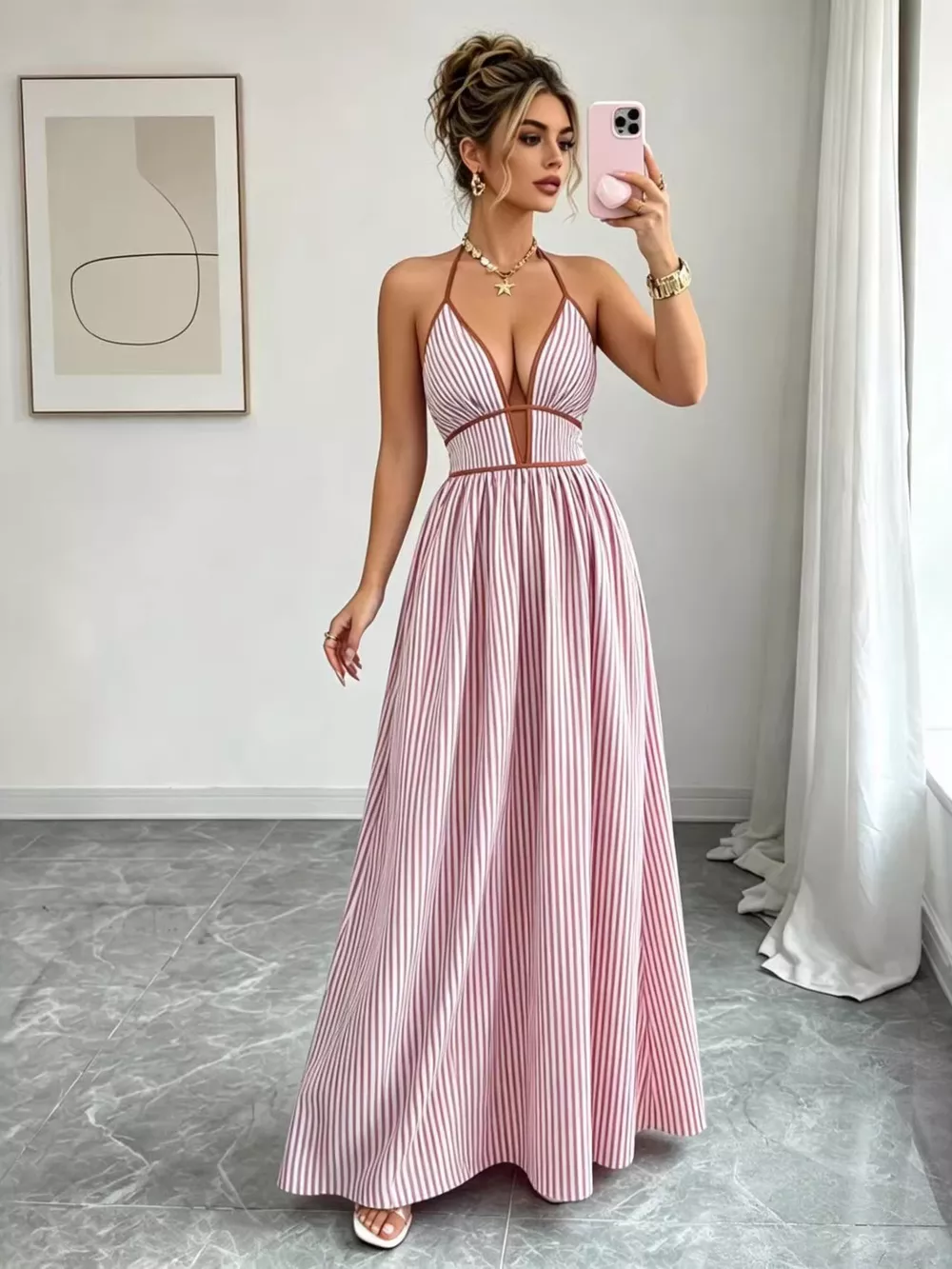 Striped Halter Neck Maxi Dress, image 9