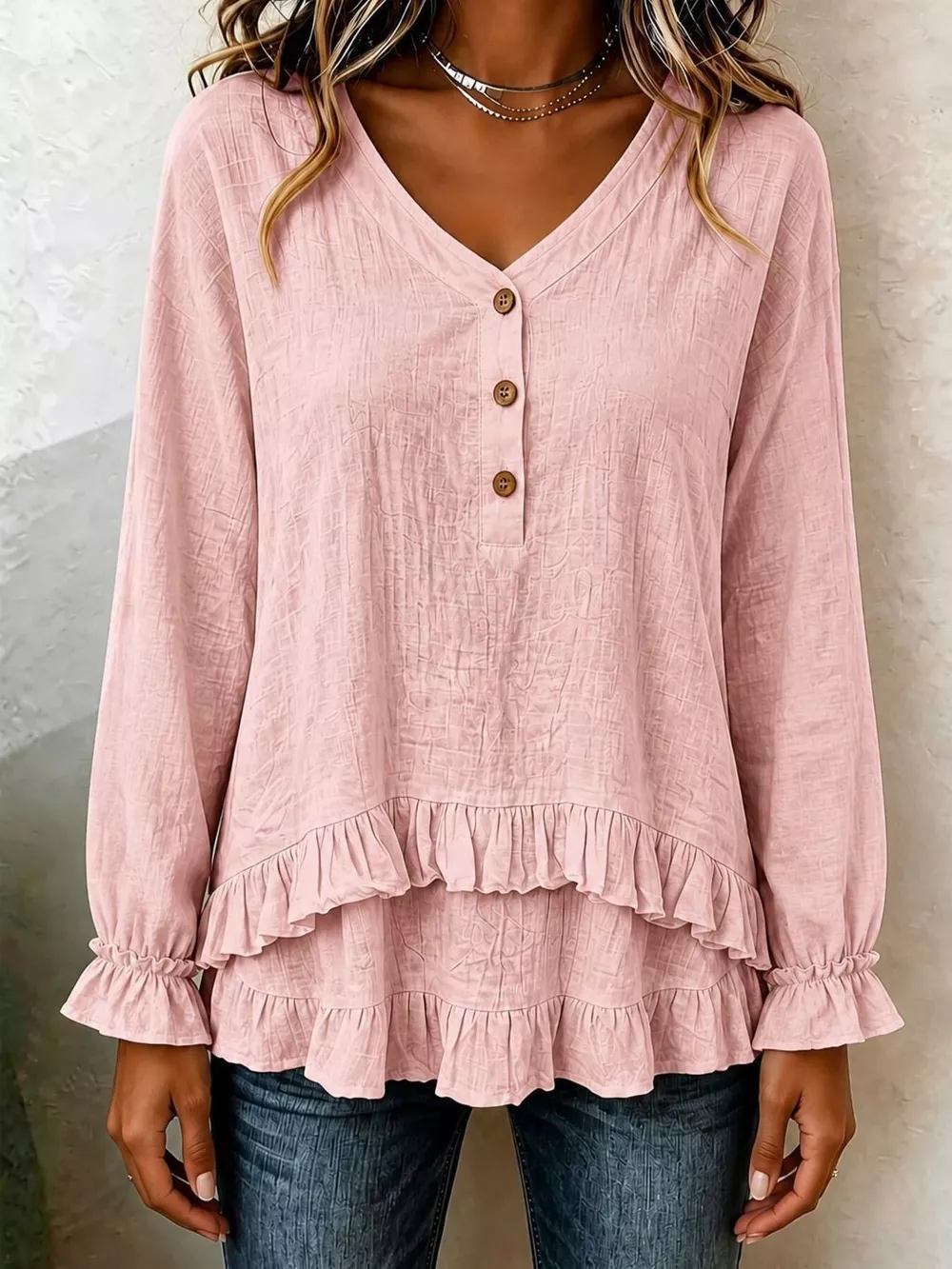 V-Neck Long Sleeve Button Detail Ruffled Hem Blouse, image 8