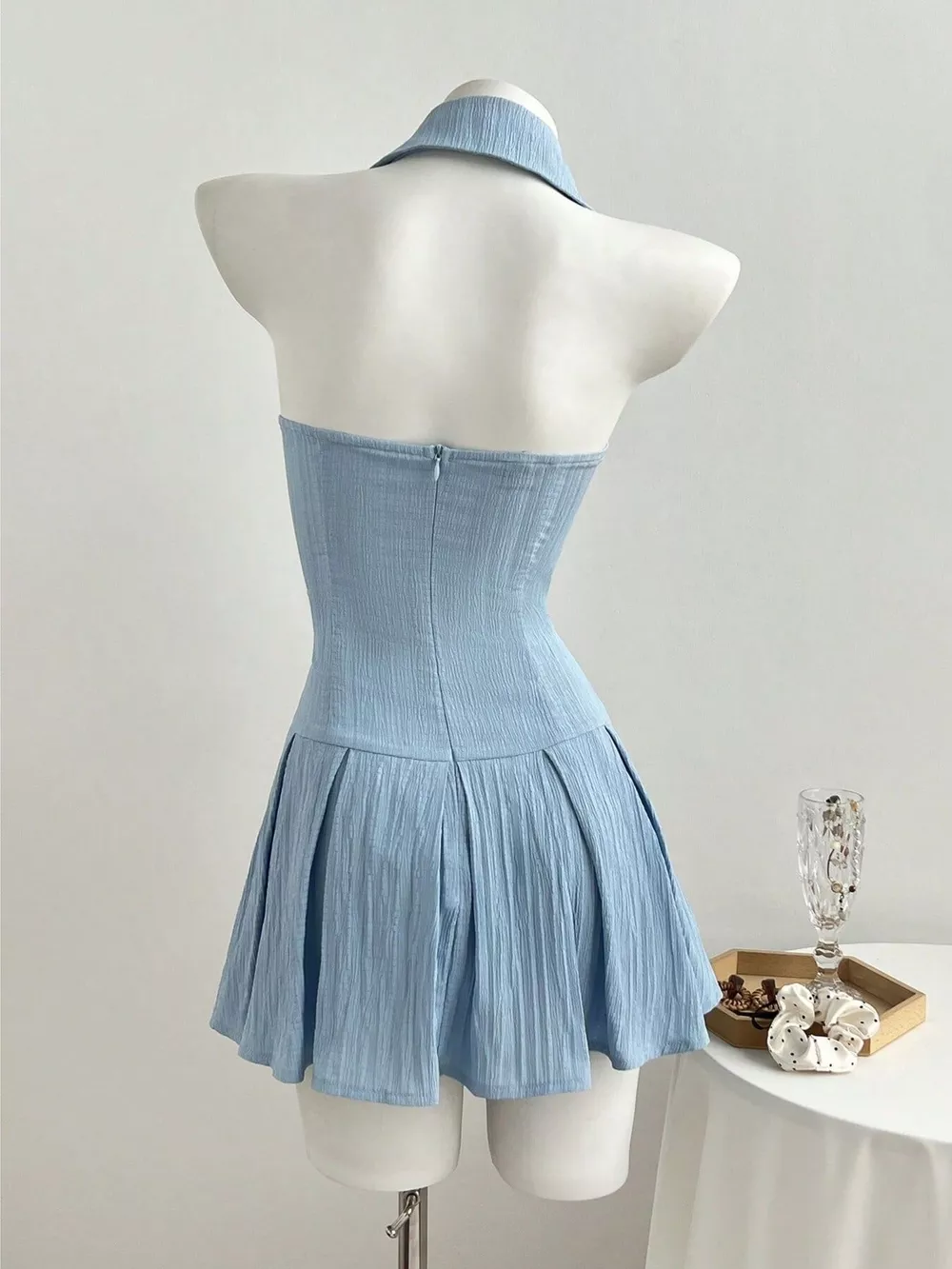 Halter Neck Bow Tie Pleated Mini Dress, image 2