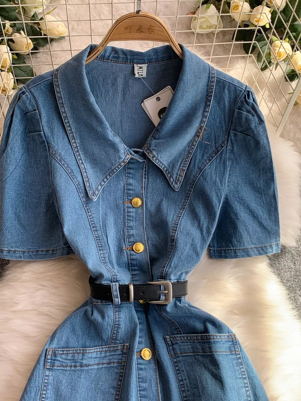 Button Front Short Sleeve Denim Dress, image 7
