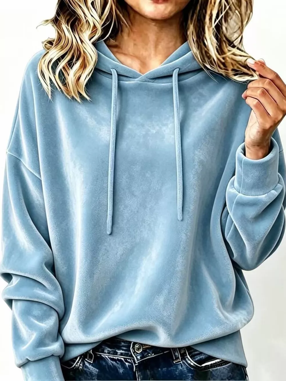 Full Size Drawstring Velvet Long Sleeve Hoodie Plus Size, image 11