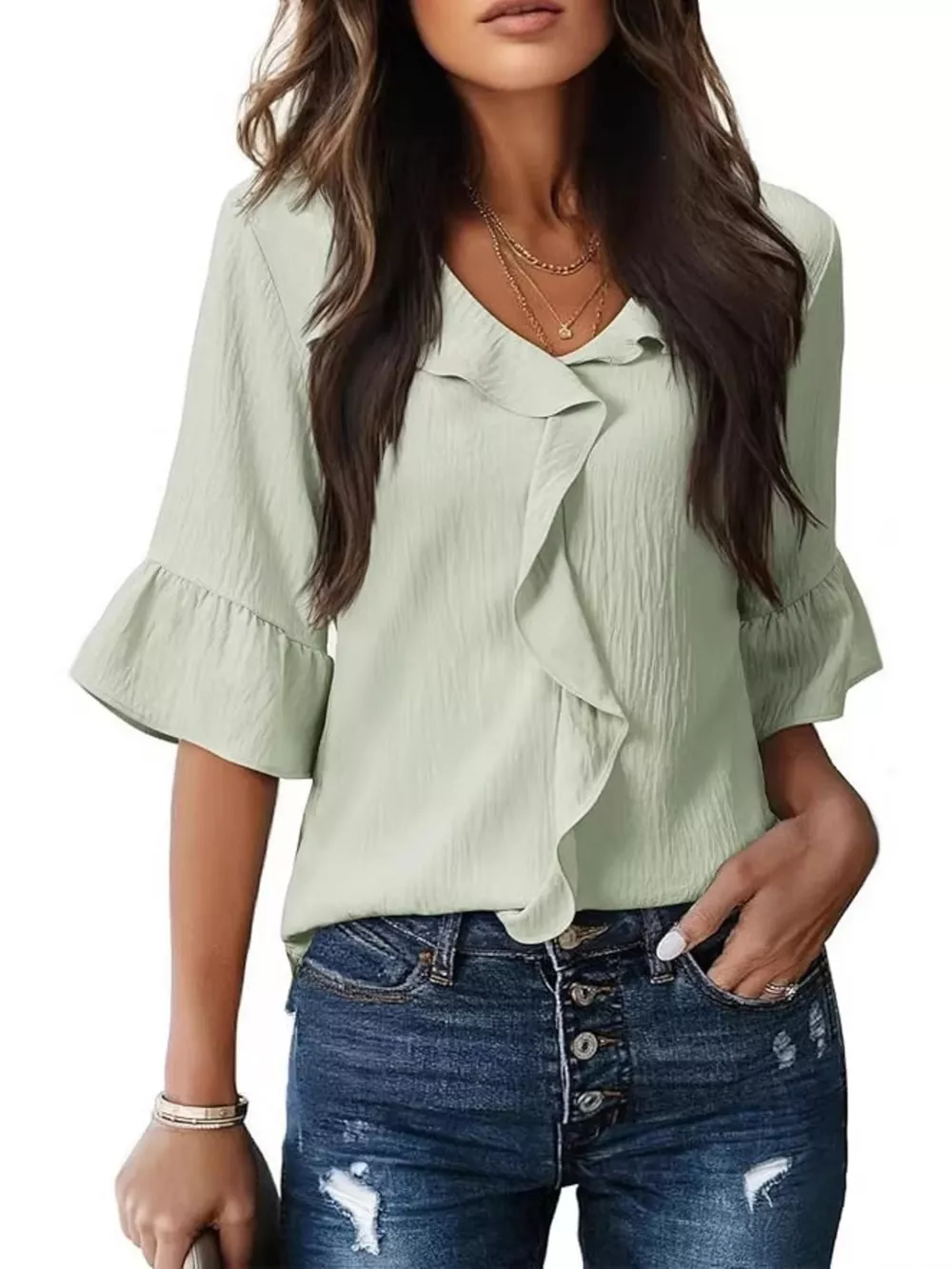 Ruffled V-Neck Bell Sleeve Blouse, image 6