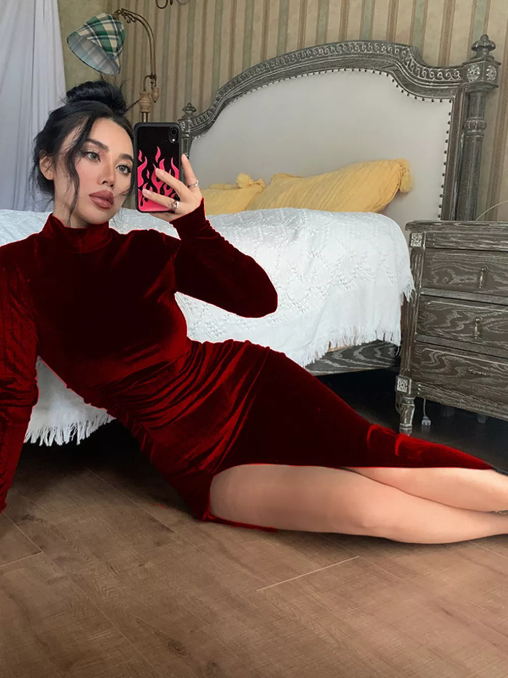 Velvet High-Neck Slit Dress, image 13