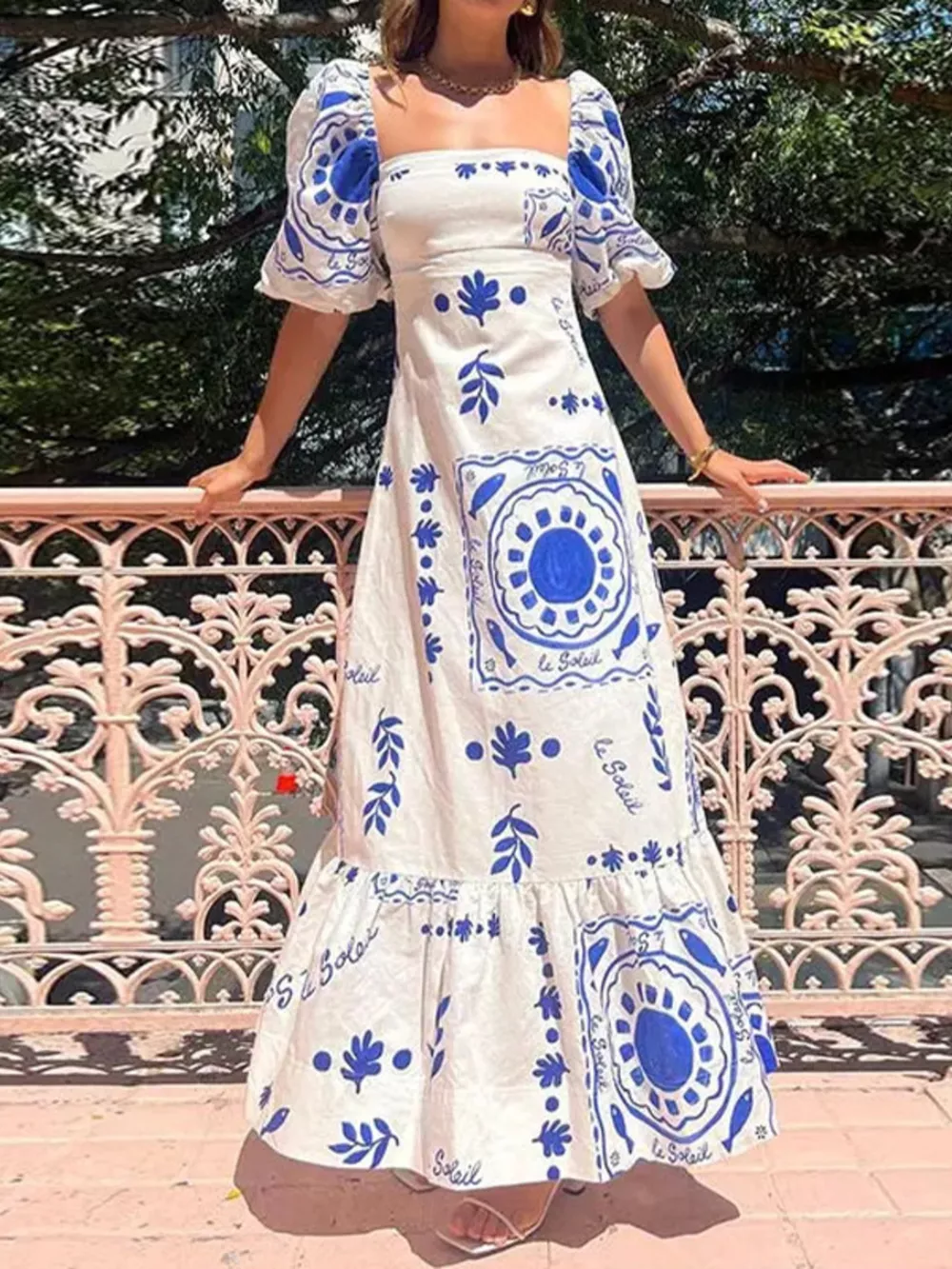 Full Size Floral Print Puff Sleeve Maxi Dress Plus Size, image 4