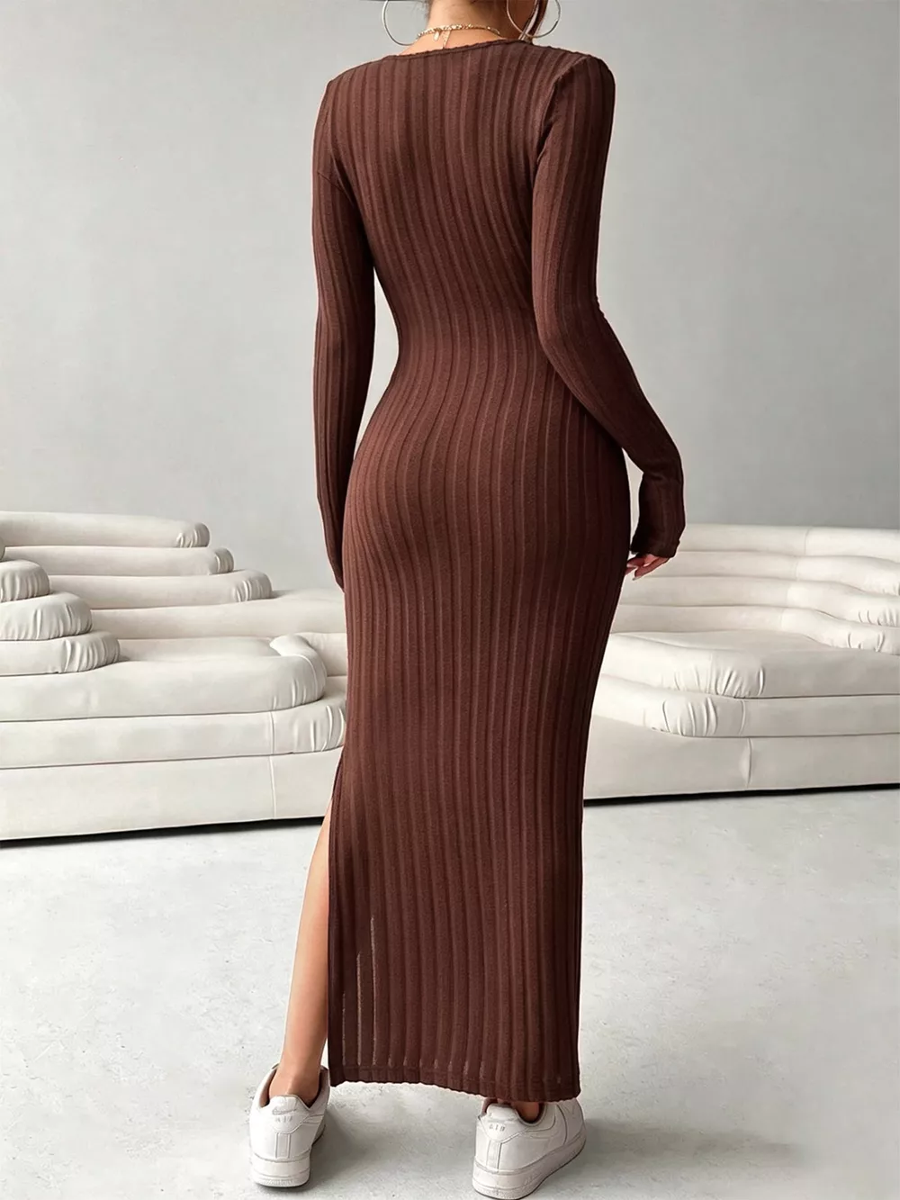 Slit Long Sleeve Ribbed Knit Maxi Dress, image 5
