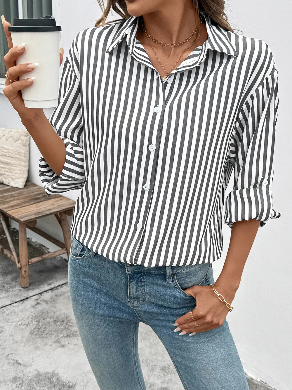 Striped Oversized Button-Up Shirt, image 10