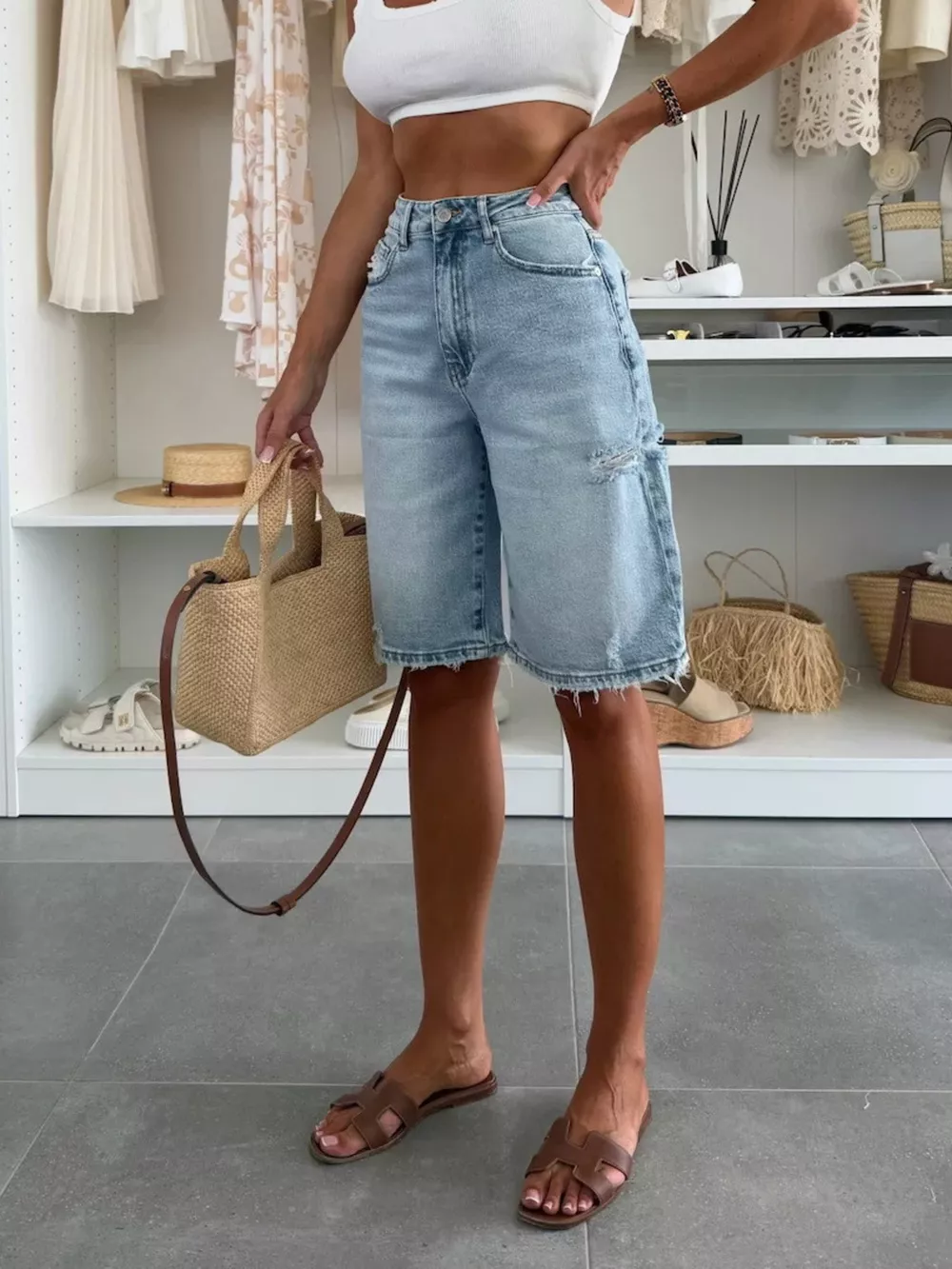 Distressed High-Waisted Denim Shorts, image 6