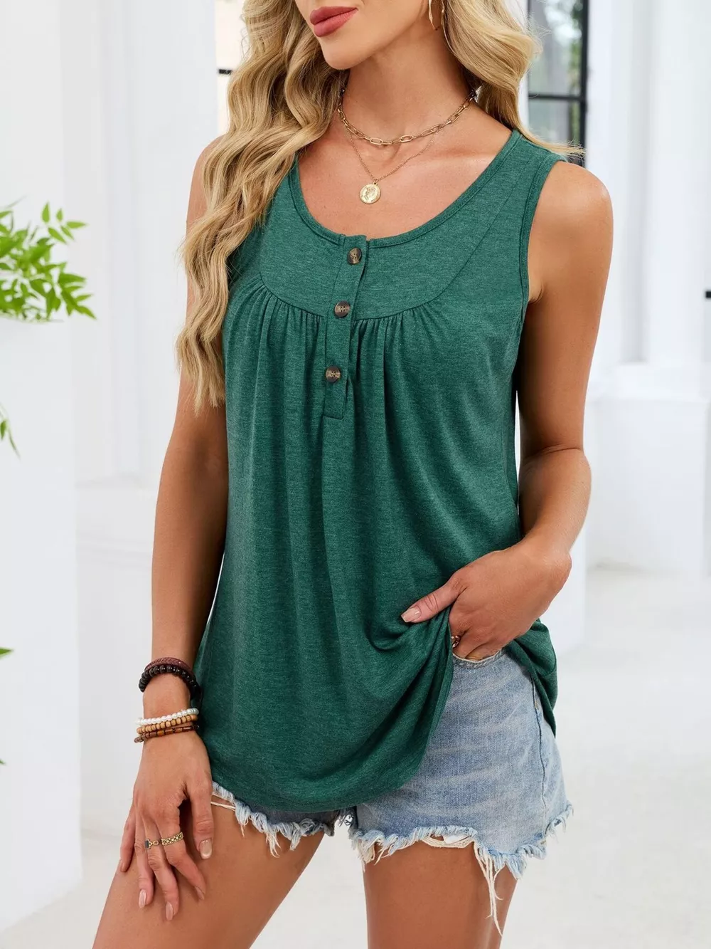 Button Detail Round Neck Tank, image 34