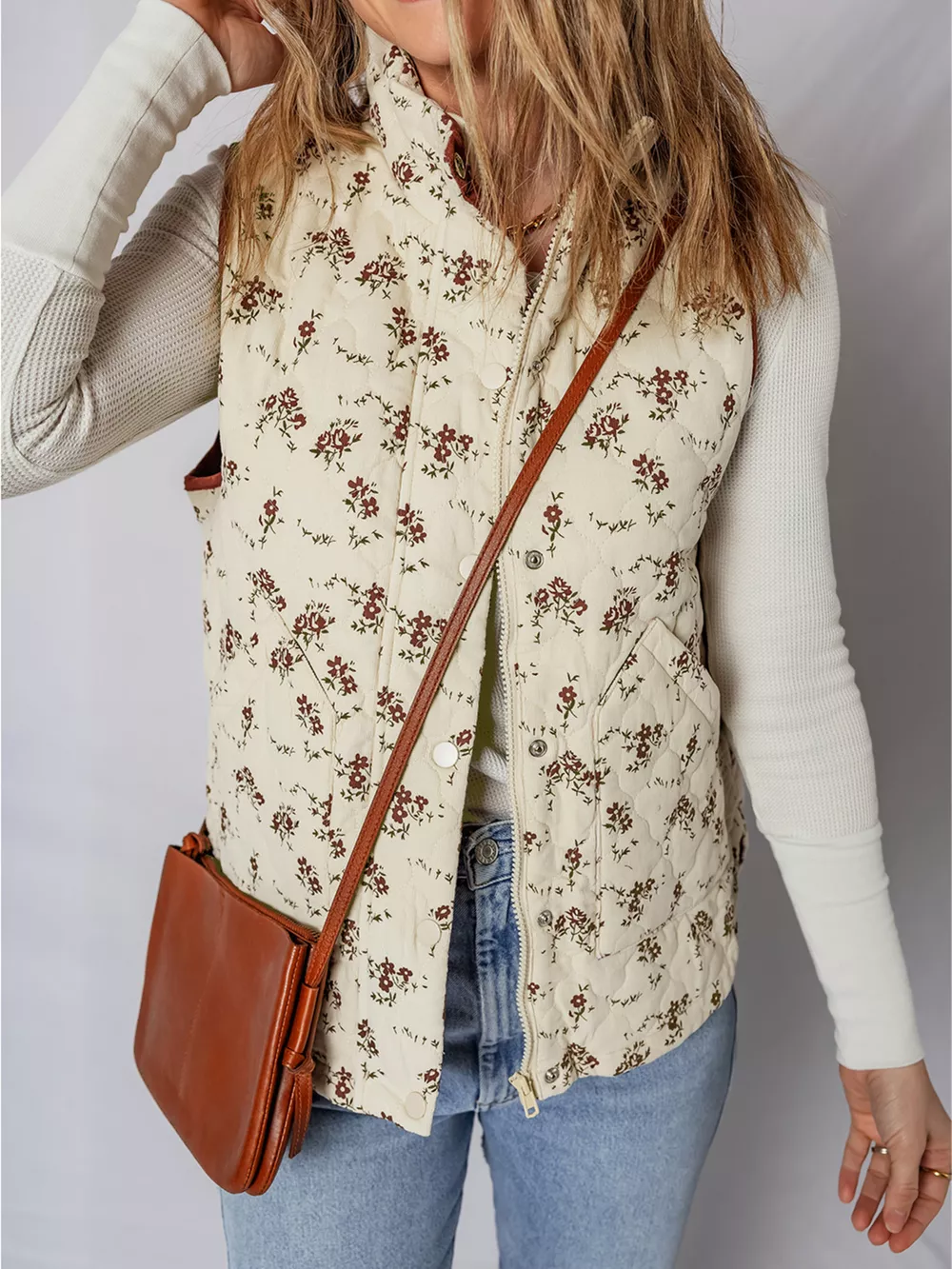 Floral Print Zip Up Quilted Vest, image 7