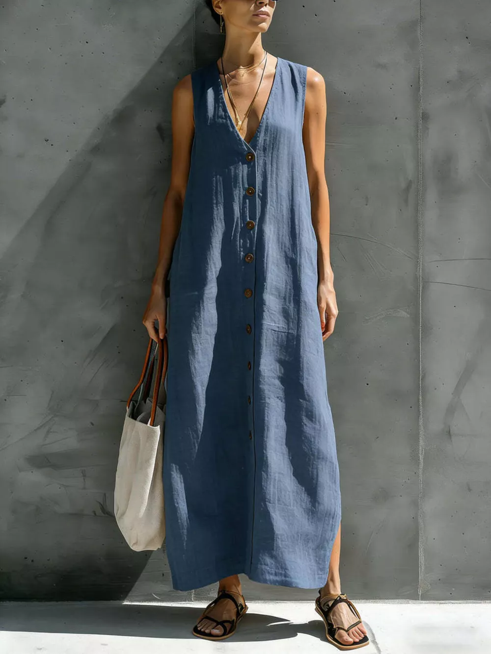 Full Size Sleeveless V-Neck Button-Down Linen Maxi Dress Plus Size, image 7