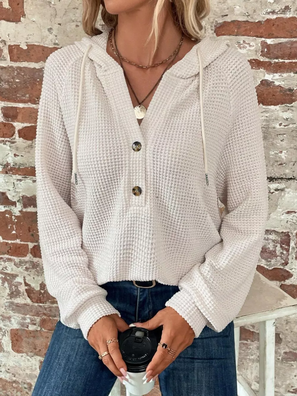 Waffle Knit Button Detail Hoodie, image 33