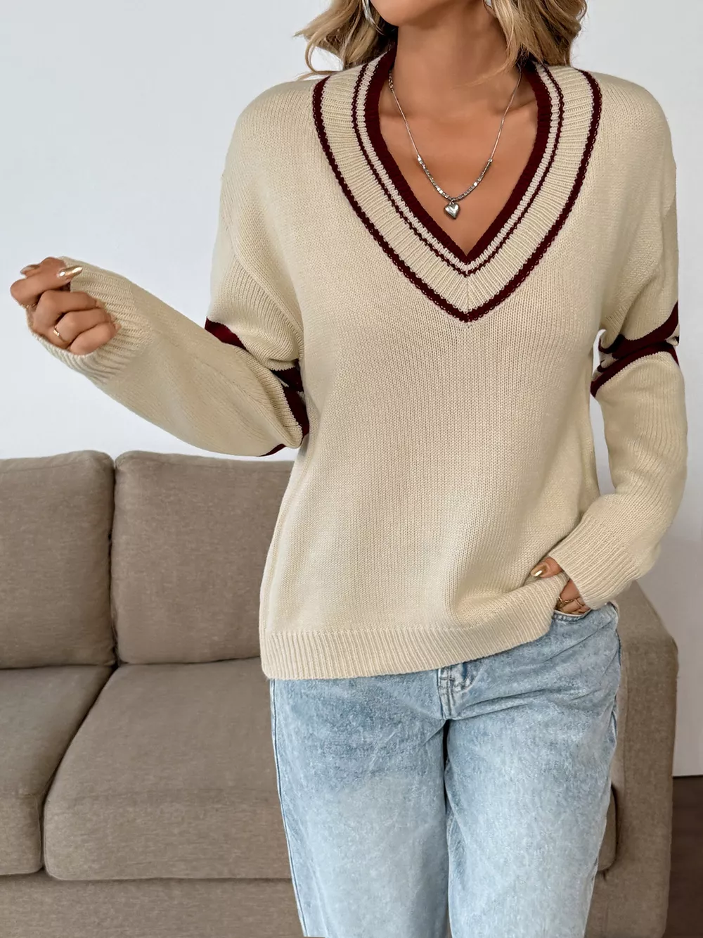 Contrast Trim V-Neck Long Sleeve Sweater, image 8