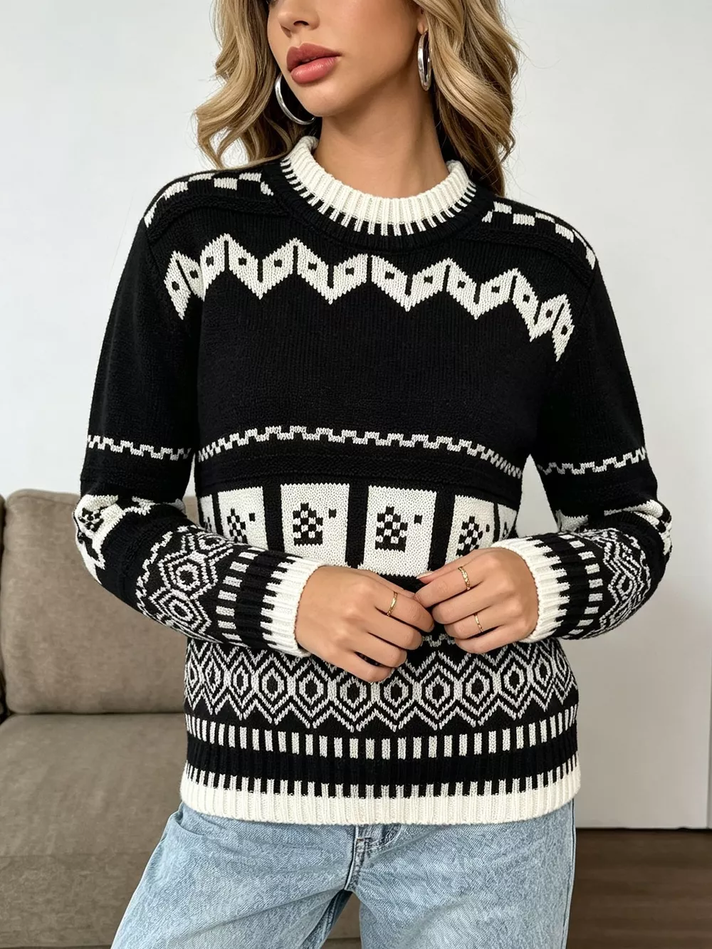 Christmas Festive Fair Isle Patterned Crew Neck Sweater, image 12