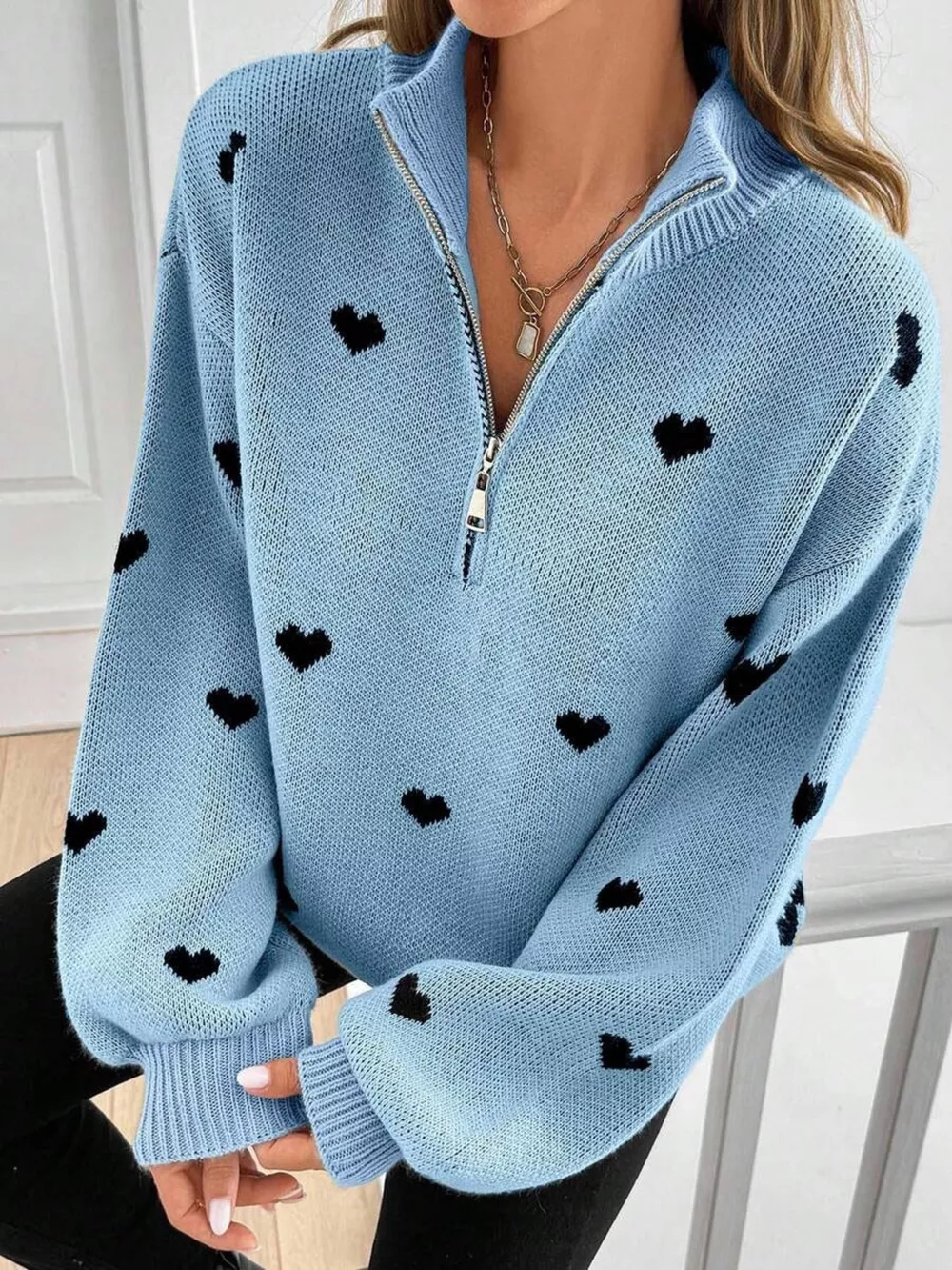 Full Size Heart Half-Zip Long Sleeve Sweater Plus Size, image 10