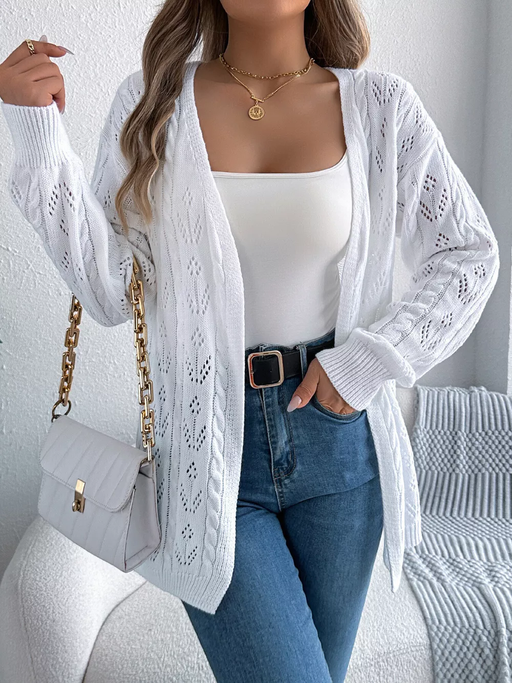 Openwork Open Front Long Sleeve Cardigan, image 15