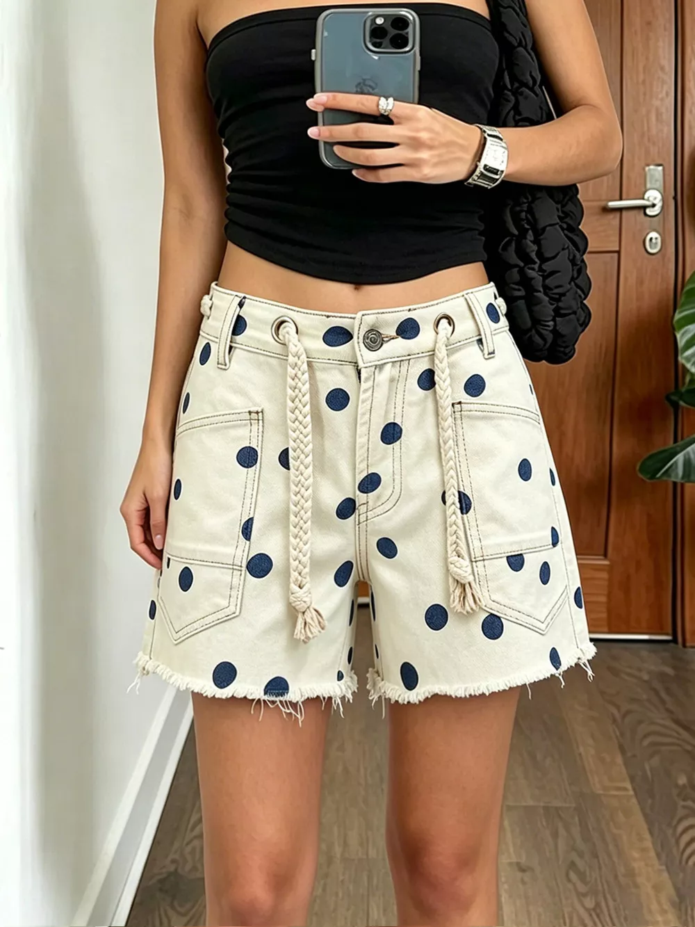 Polka Dot Denim Shorts with Braided Drawstring, image 5