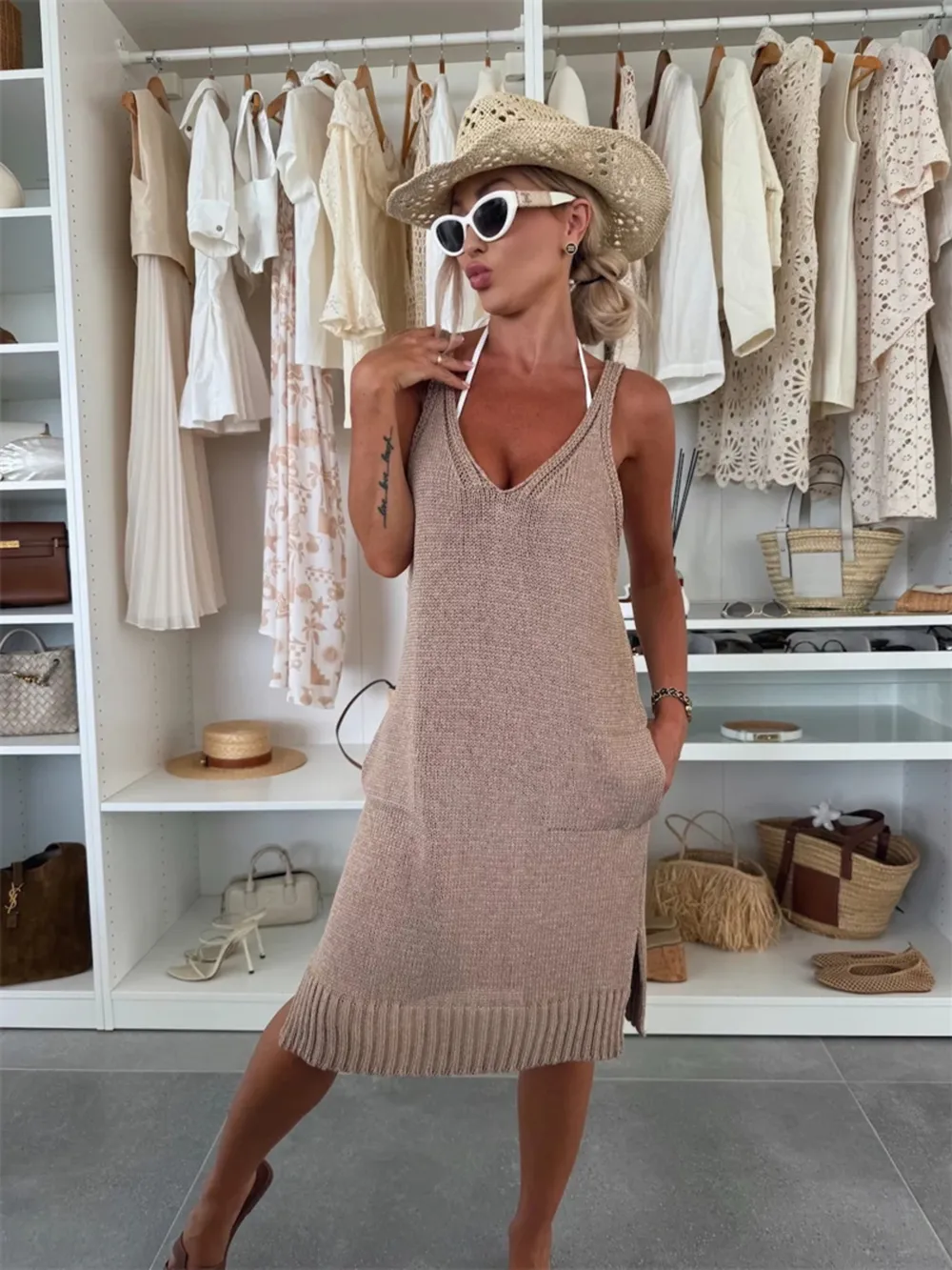 Ribbed Hem V-Neck Sweater Dress, image 9