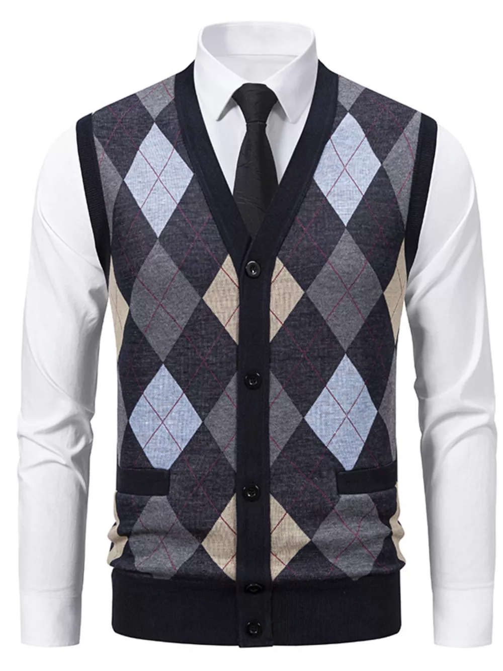 Men's Plus Size Argyle Pattern V-Neck Button-Down Cardigan Vest, image 11