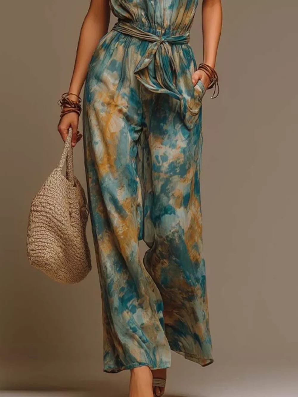 Full Size Tie-Dye Halter Neck Wide-Leg Jumpsuit Plus Size, image 3