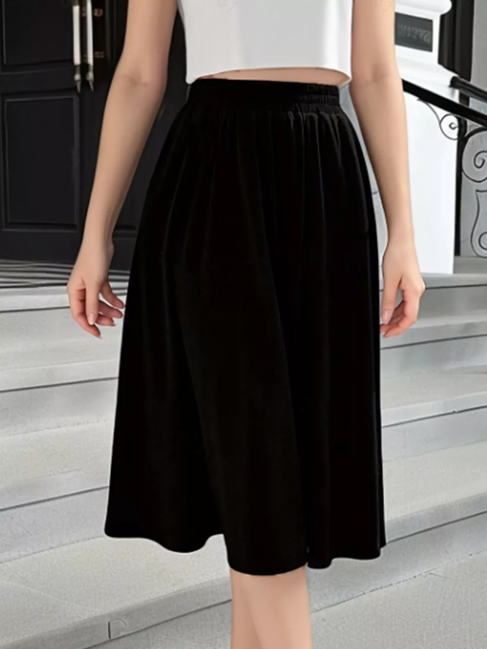 Elastic Waist A-Line Skirt with Pockets