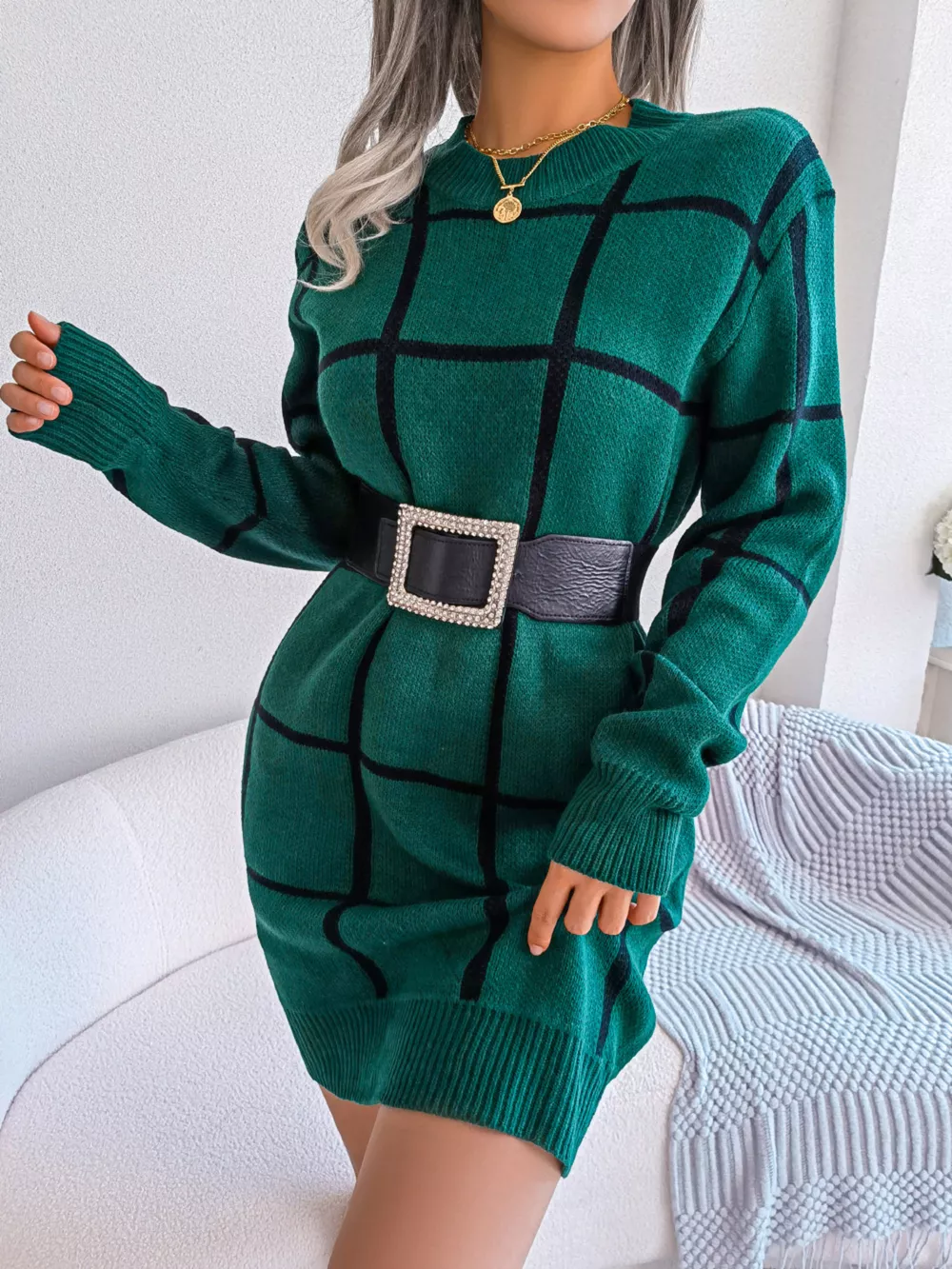 Plaid Pattern Long Sleeve Sweater Dress, image 8