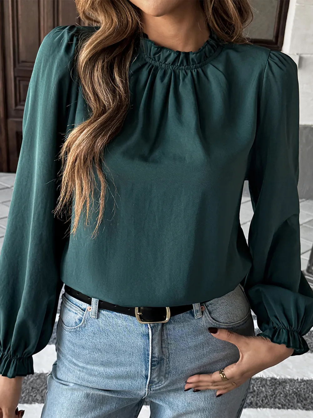 Ruched Round Neck Long Sleeve Blouse, image 4