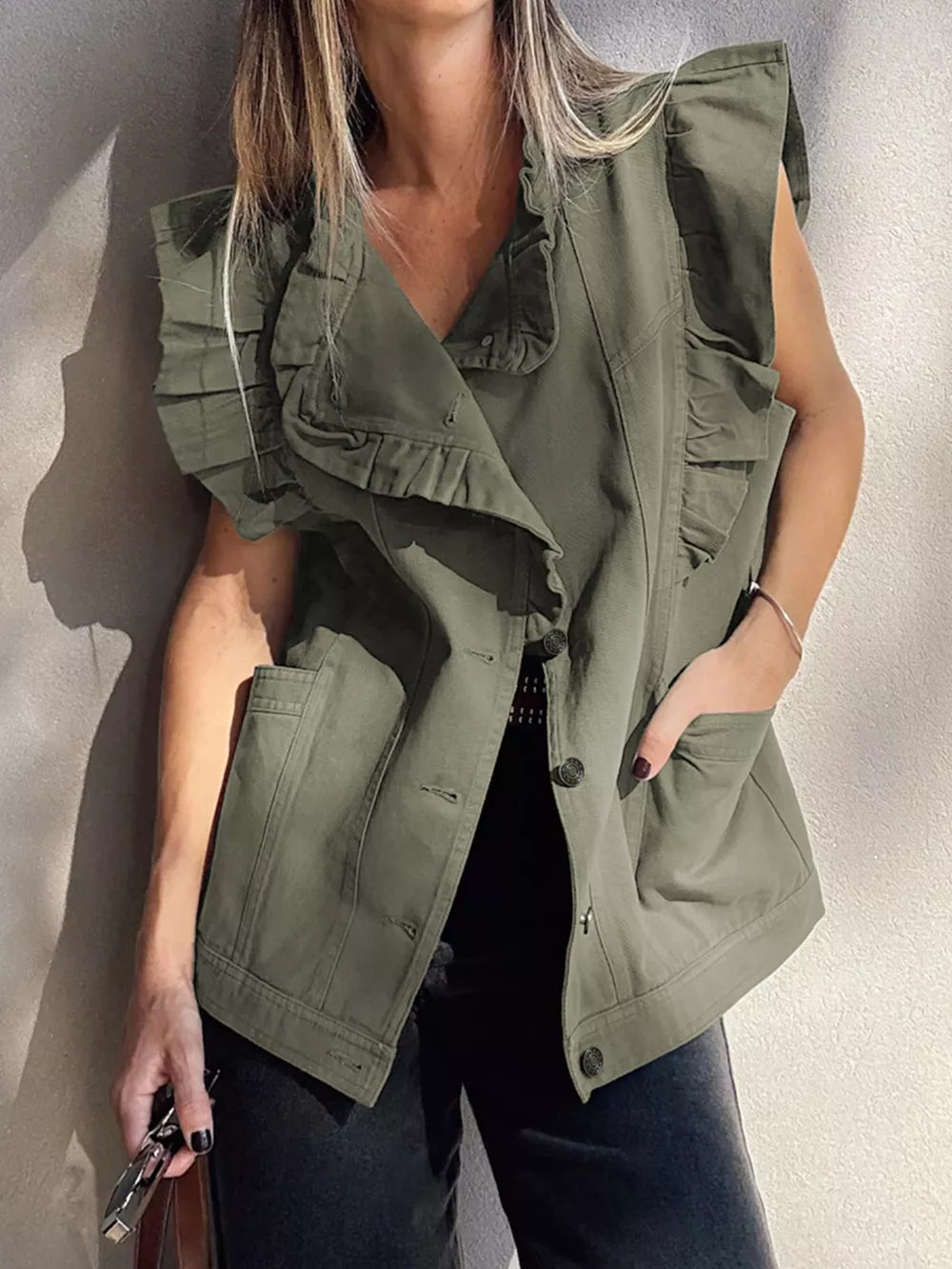 Ruffled Patchwork Denim Jacket Vest, image 8
