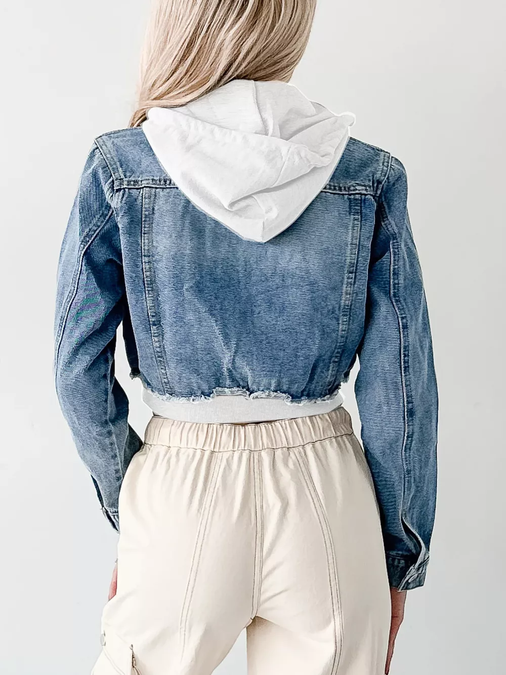 Distressed Zip Up Cropped Hooded Denim Jacket, image 17