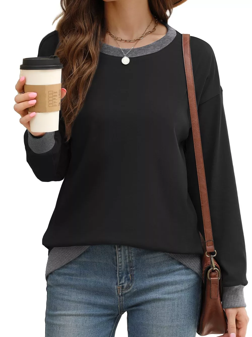 Contrast Trim Crew Neck Casual Sweatshirt, image 24