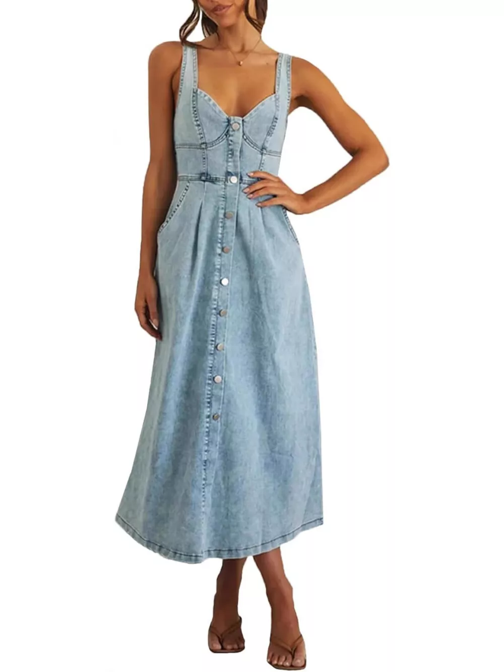 Smocked Back Button Front Denim Midi Dress
