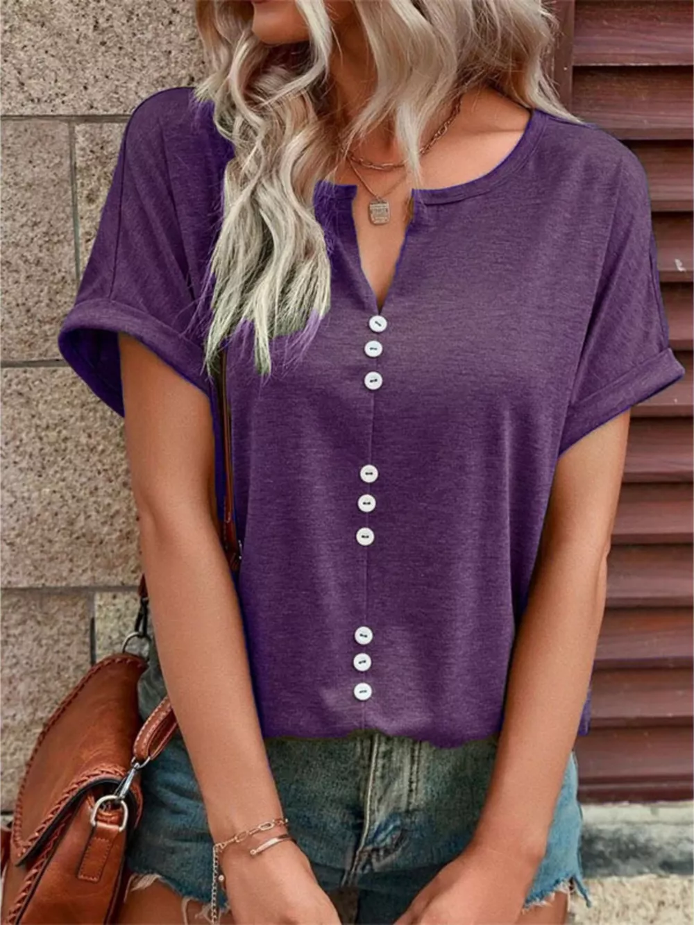 Full Size Decor Button Short Sleeve T-Shirt Plus Size, image 26