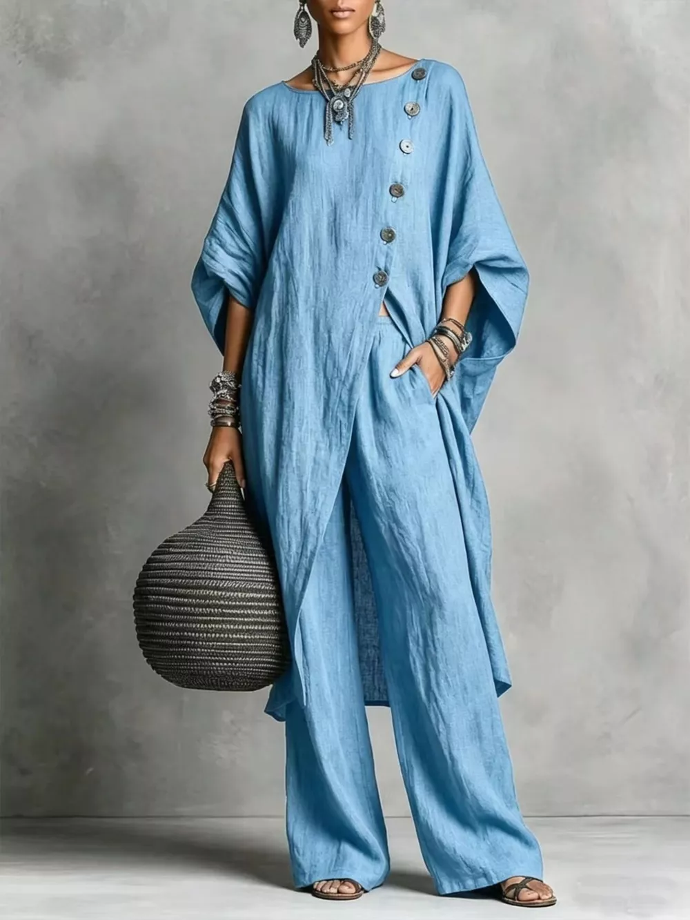 Full Size Asymmetric Button-Down Top and Wide-Leg Pants Set Plus Size, image 9