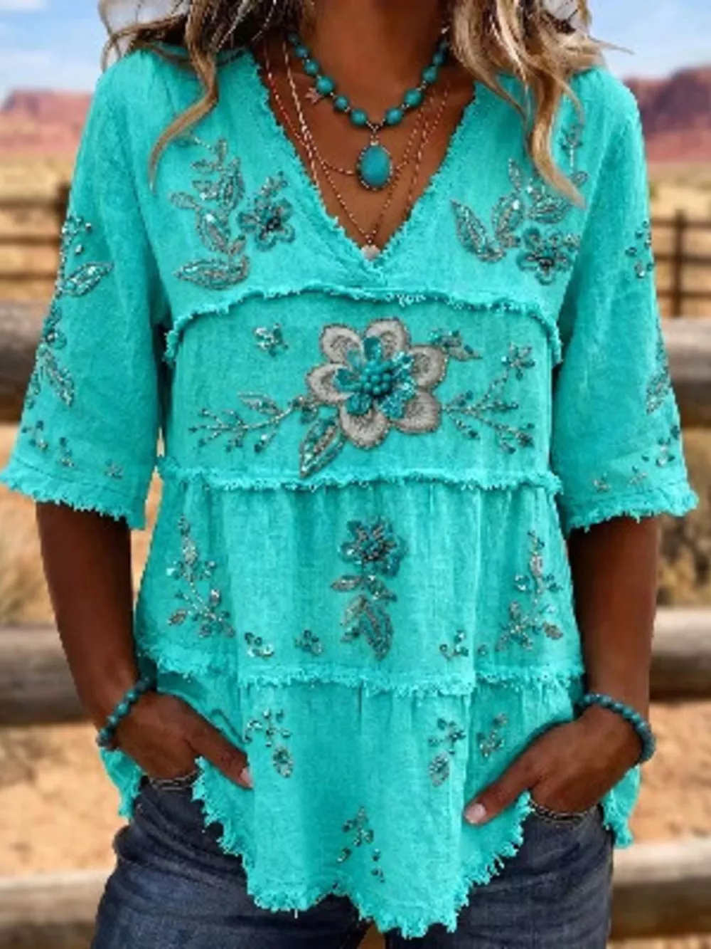 Full Size Floral Raw Hem V-Neck Blouse Plus Size, image 7