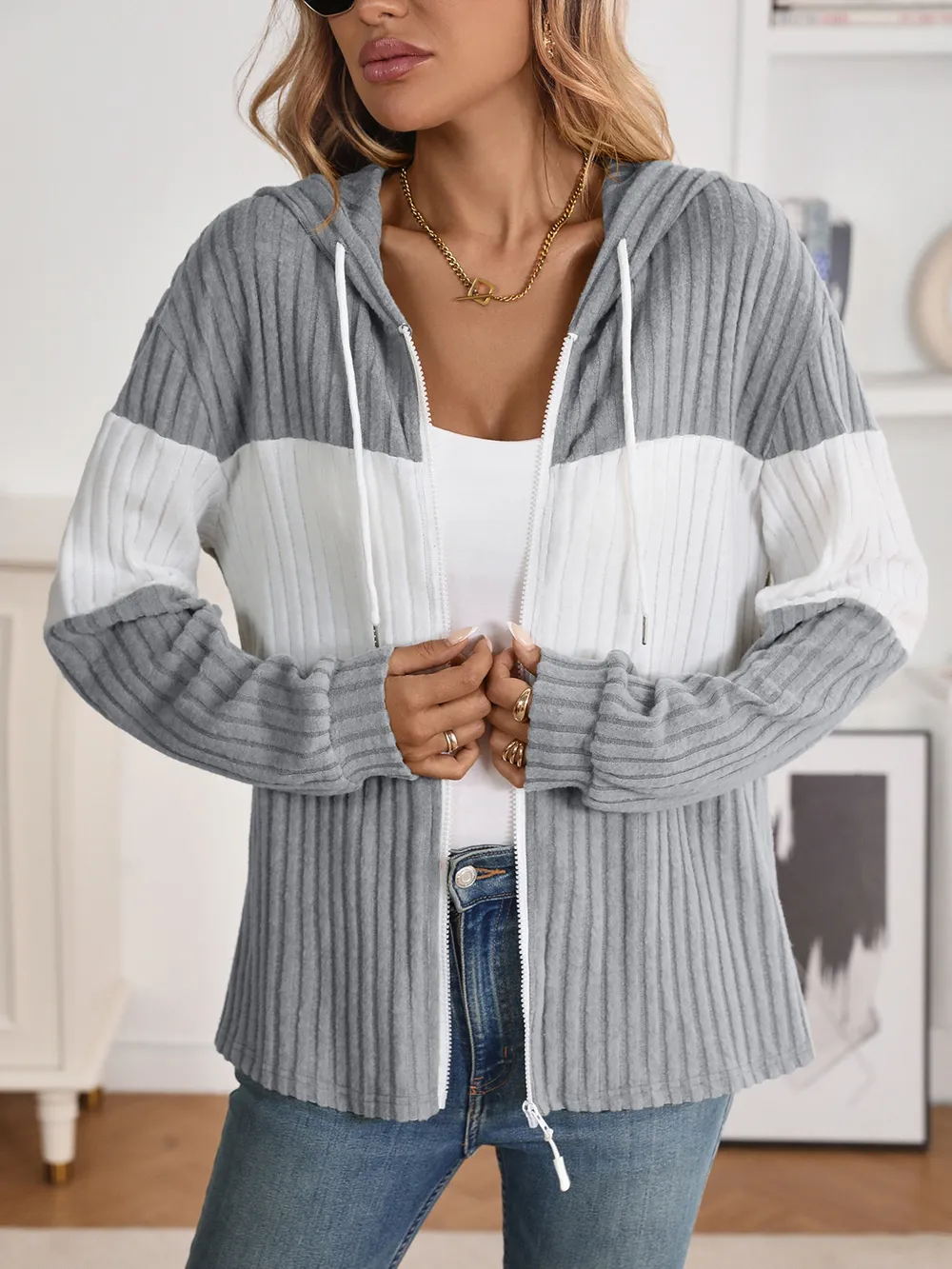 Drawstring Color Block Zip Up Outerwear, image 16