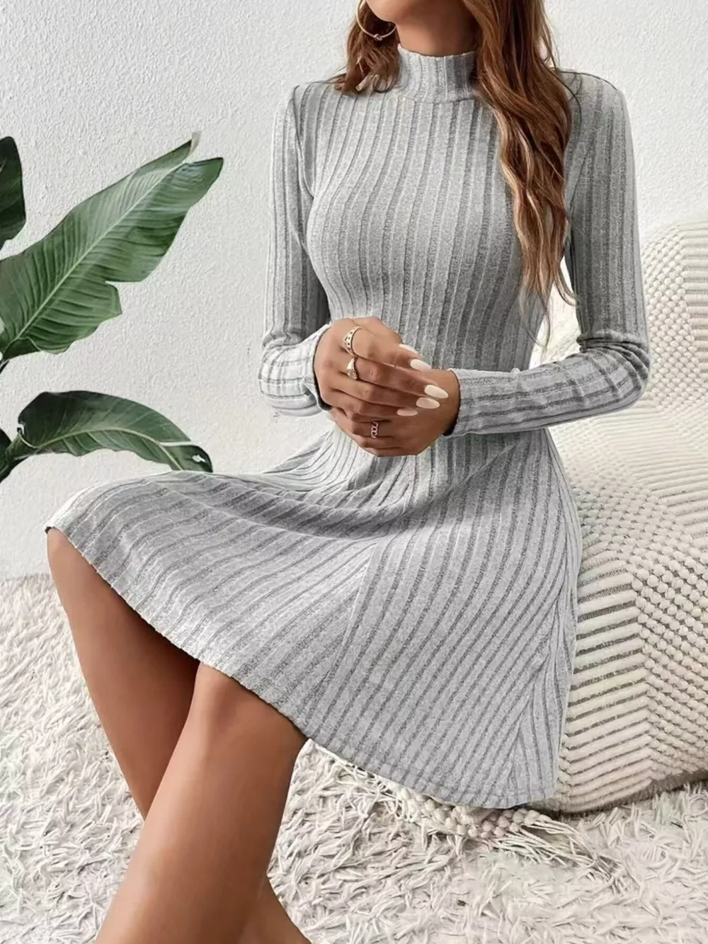 Ribbed Knit Mock Neck Long Sleeve Mini Dress, image 4