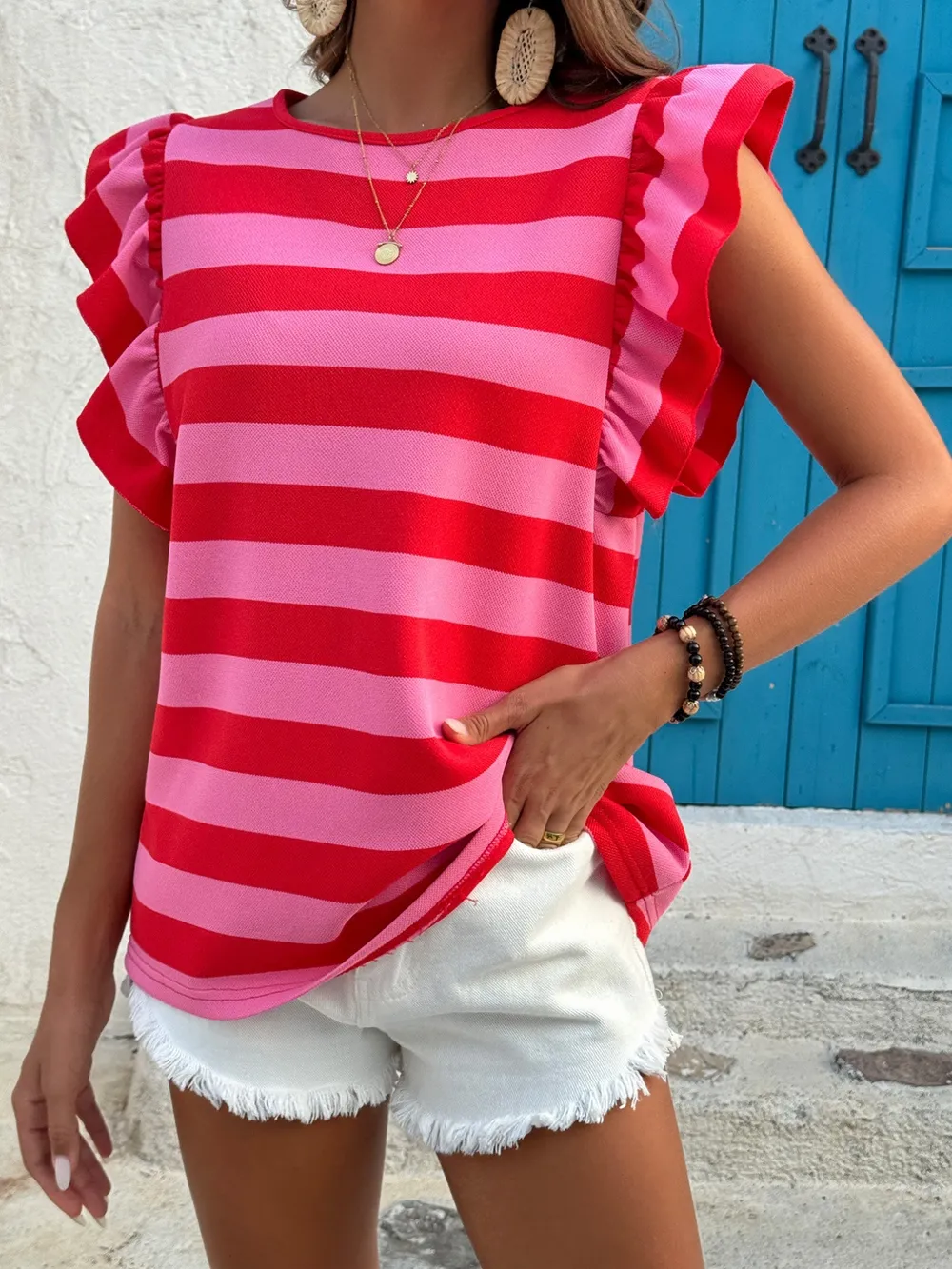 Contrast Striped Ruffle Sleeve T-Shirt, image 12
