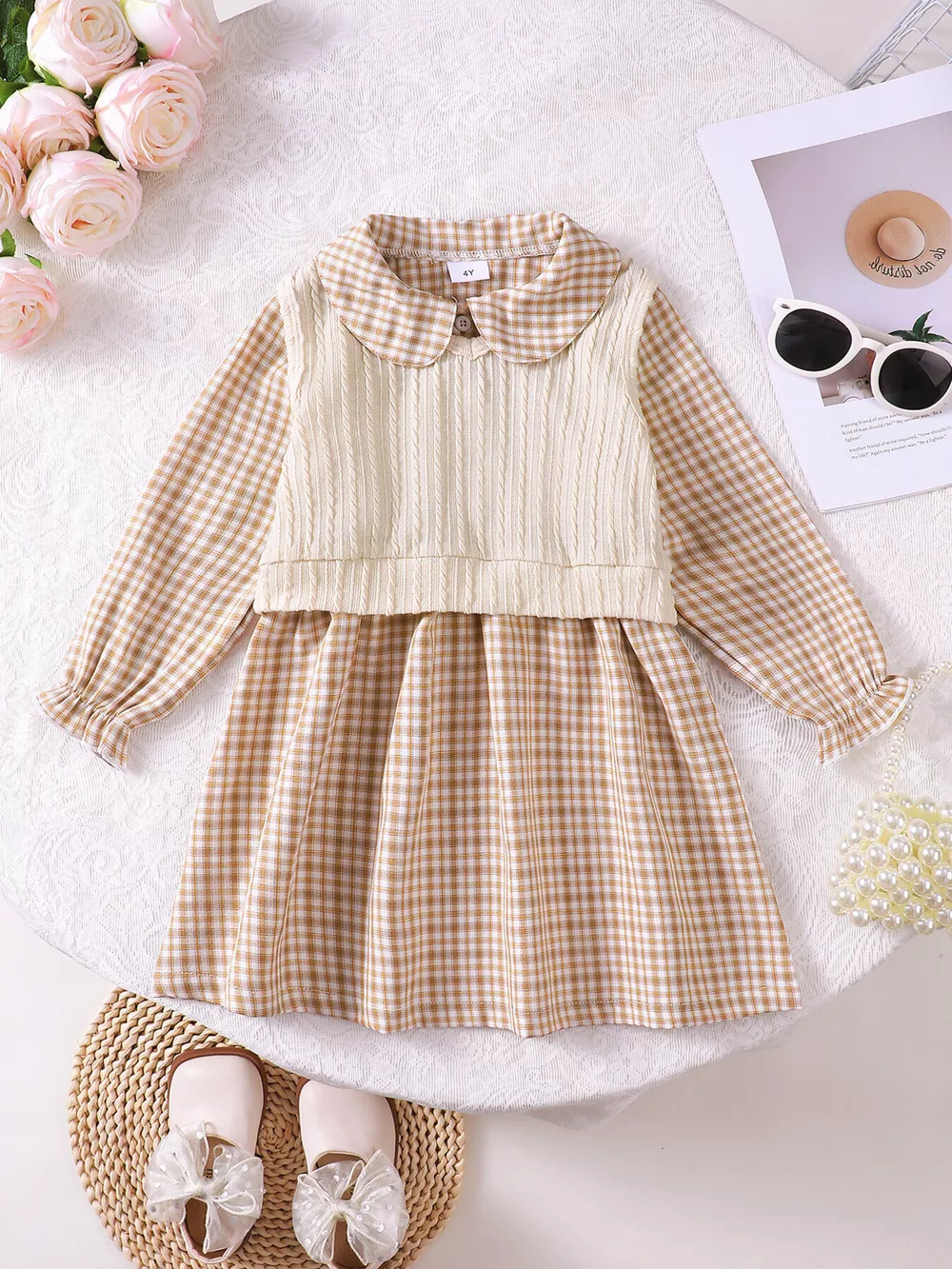 Children's Plaid Peter Pan Collar Dress and Knitted Vest Set