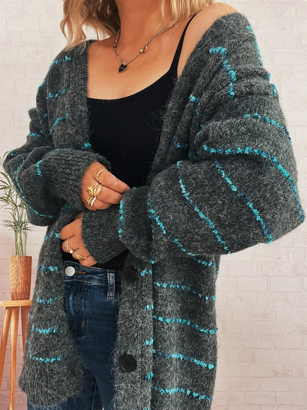 Striped Button-Up Cardigan with V-Neck Design, image 18